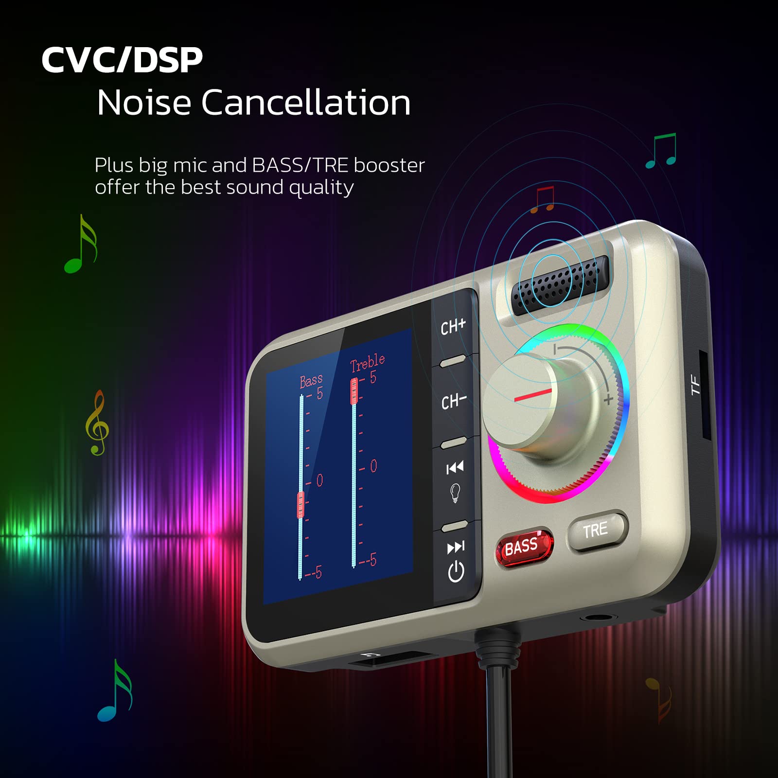 Nulaxy Bluetooth Fm Transmitter For Car, Wireless Car Bluetooth Adapter With Big Color Screen, Support Qc3.0 Fast Charging, Hands Free Call, Mp3 Music Player Bass&Tre Booster, Tf Card Aux Km28 Yellow