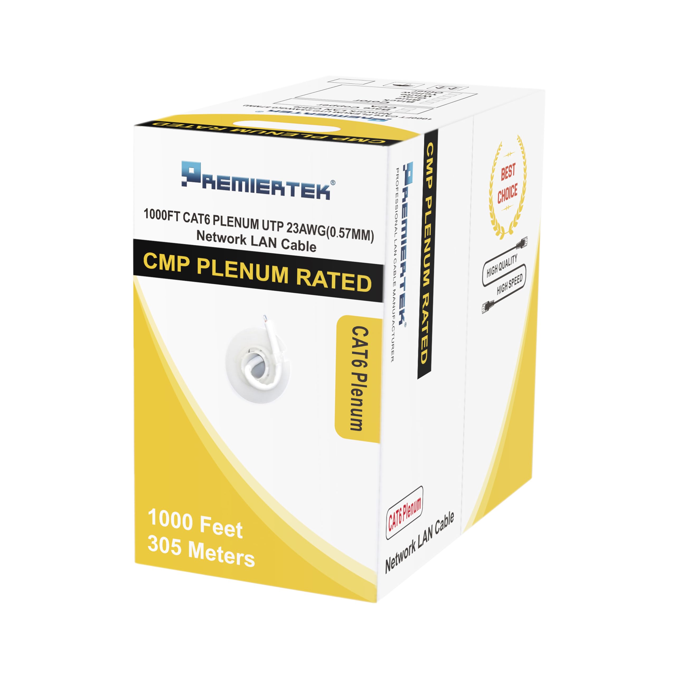 Premiertek 1000Ft Cat6 CMP Plenum 23AWG CCA UTP 4-Pairs Premium Network LAN Cable White