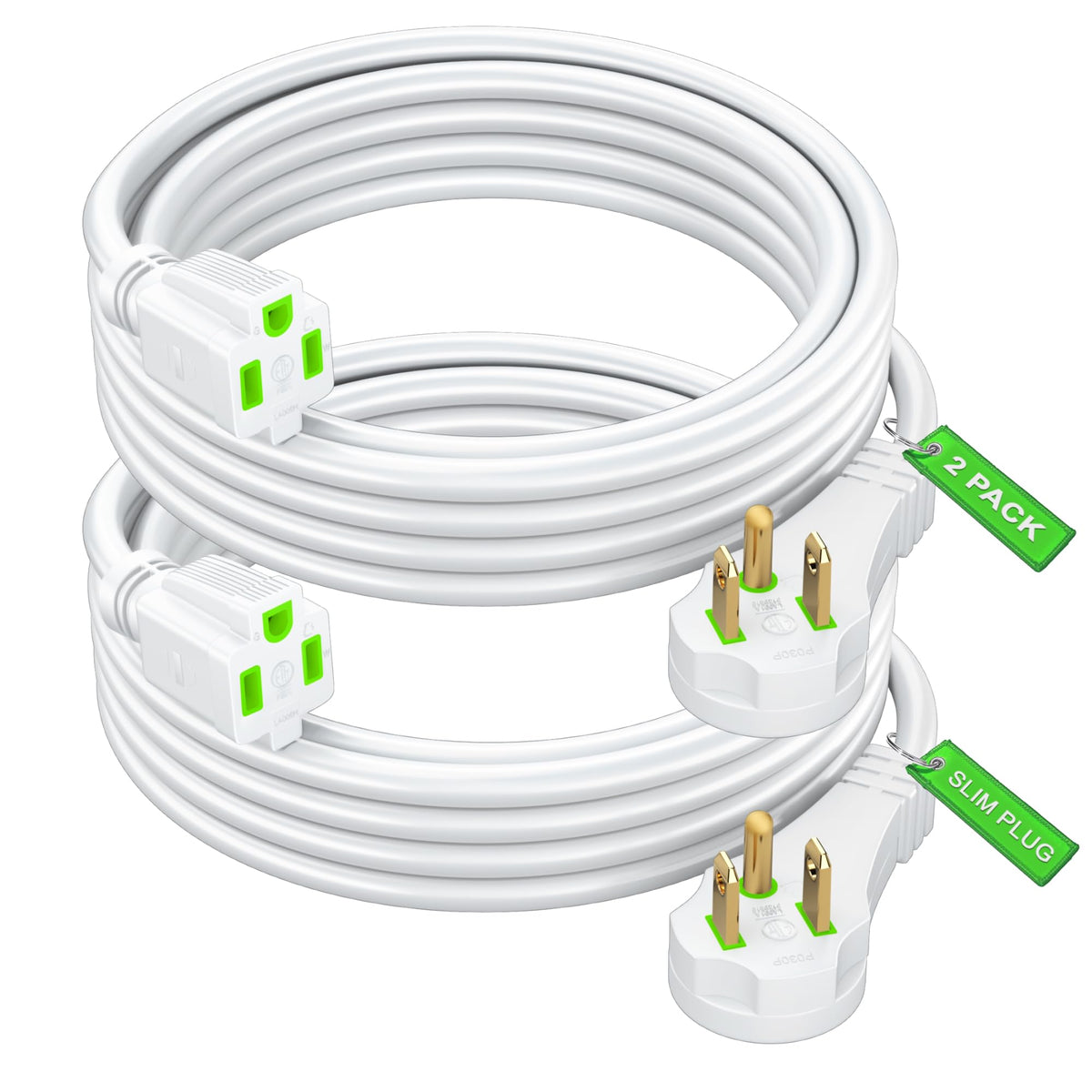Maximm Flat Plug Extension Cord 8 Ft With Slim Space Saving Plug Design, Low Profile Extension Cord 16Awg (White, 2 Pack)