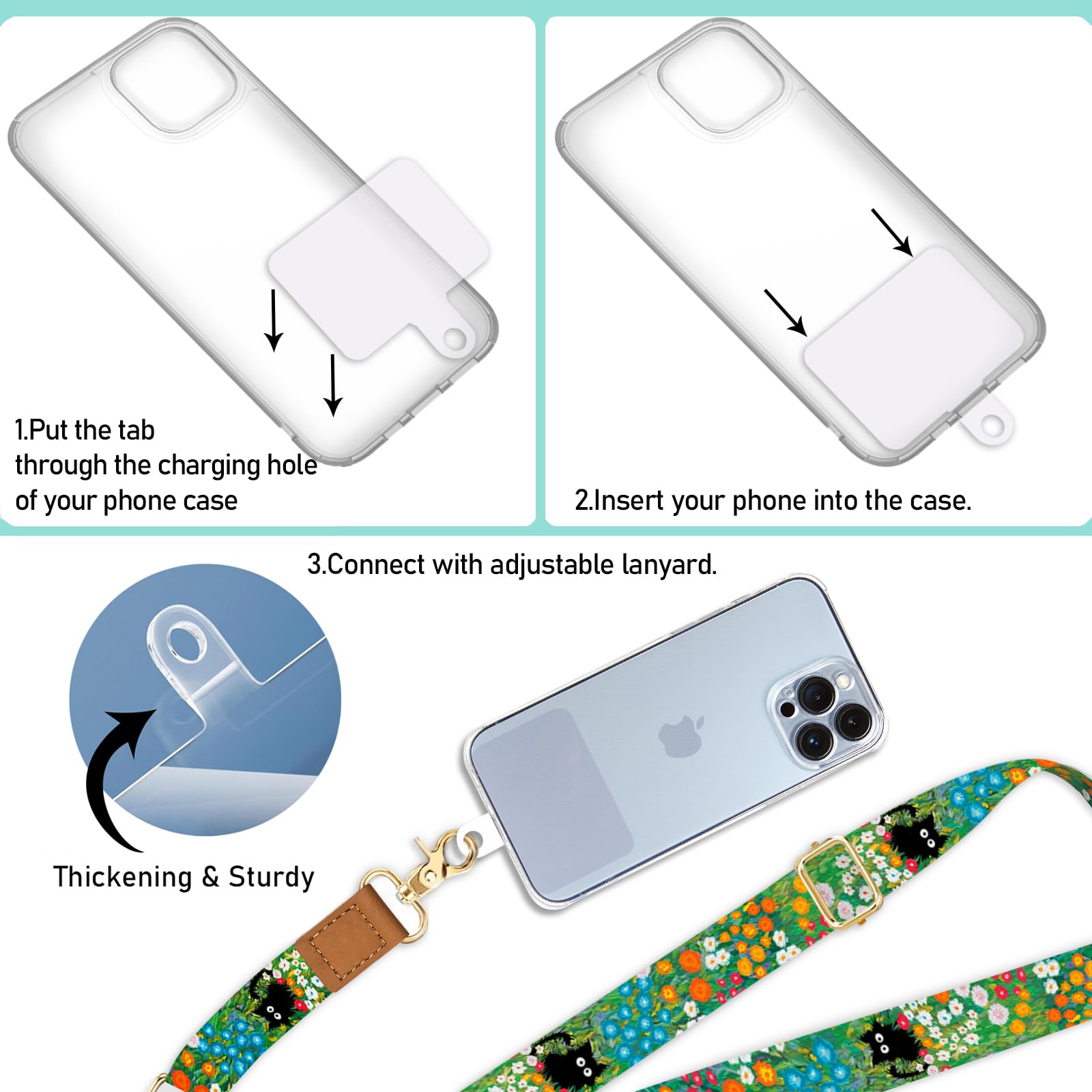 Piefly Phone Lanyard Crossbody Wrist Strap, Black Cat Flower Cell Phone Lanyards For Around The Neck Wristlet Shoulder, Adjustab