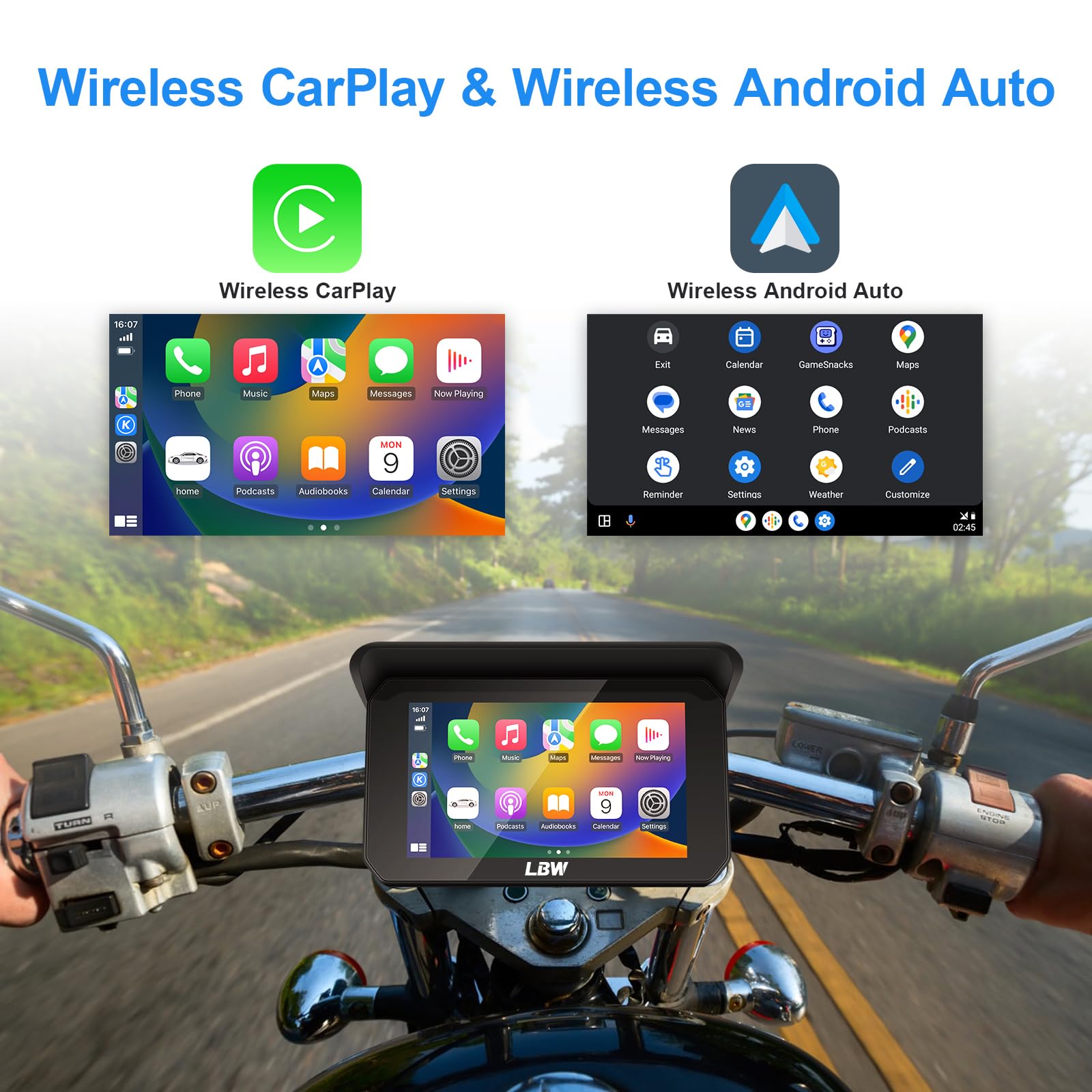 Lbw Professional Motorcycle Dash Cam, Wireless Apple Carplay, Android Auto, Tpms, Front & Rear Hd 1080P Camera (Imx307 Chip), Mo