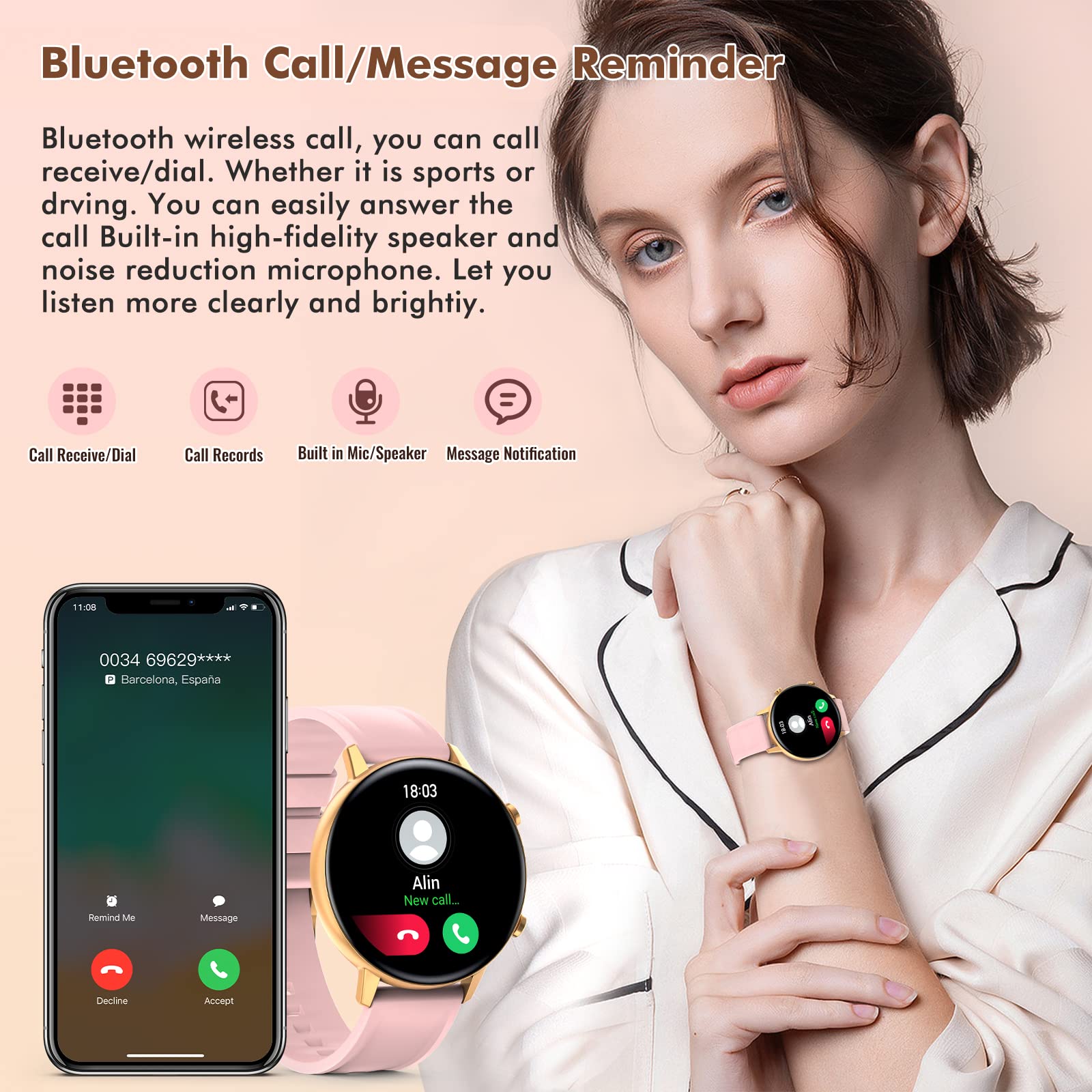Smart Watch For Women(Call Receive/Dial),Fitness Trackers Waterproof Smart Watches For Android Phones Smartwatch With Blood Pres