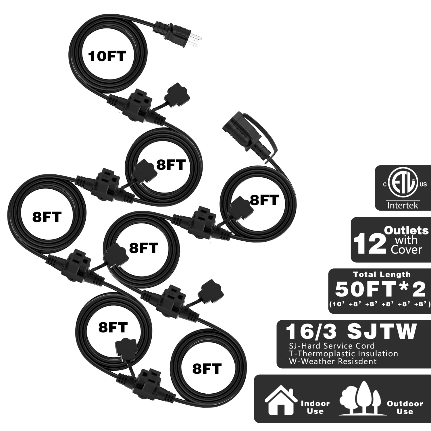K Kasonic   Outdoor Extension Cord 100 Ft, Evenly Spaced 12 Outlets Plugs, 16/3 Sjtw Weatherproof Multiple Outlets Wire For Land
