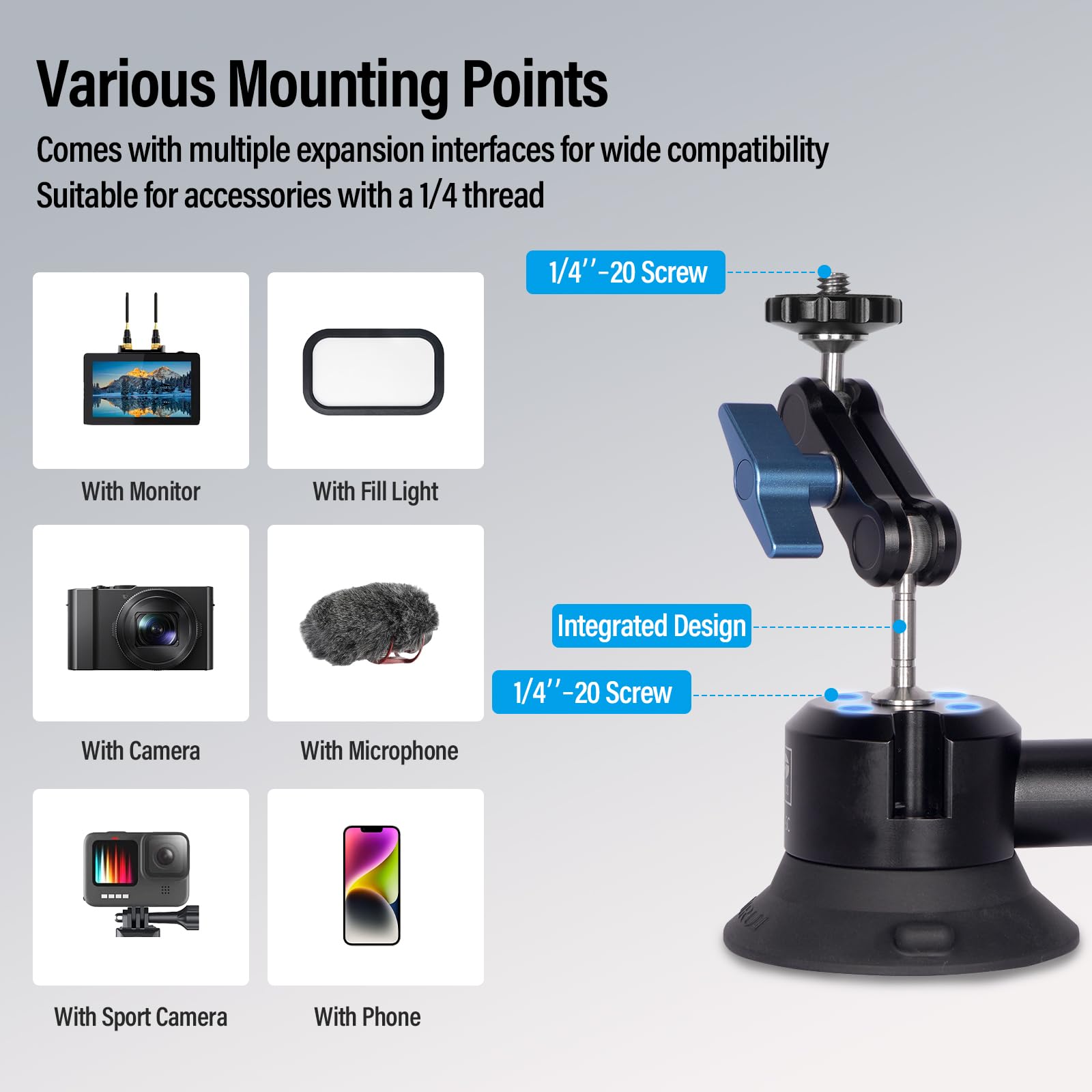 Sirui Suction Cup Mount For Camera And Phone, Air Pump Vacuum Suction Cup With Magic Arm, Phone Holder, 360�Rotating Double Head Windshield Window Mount For Gopro, For Insta360, For Dji Action, Ma Sc