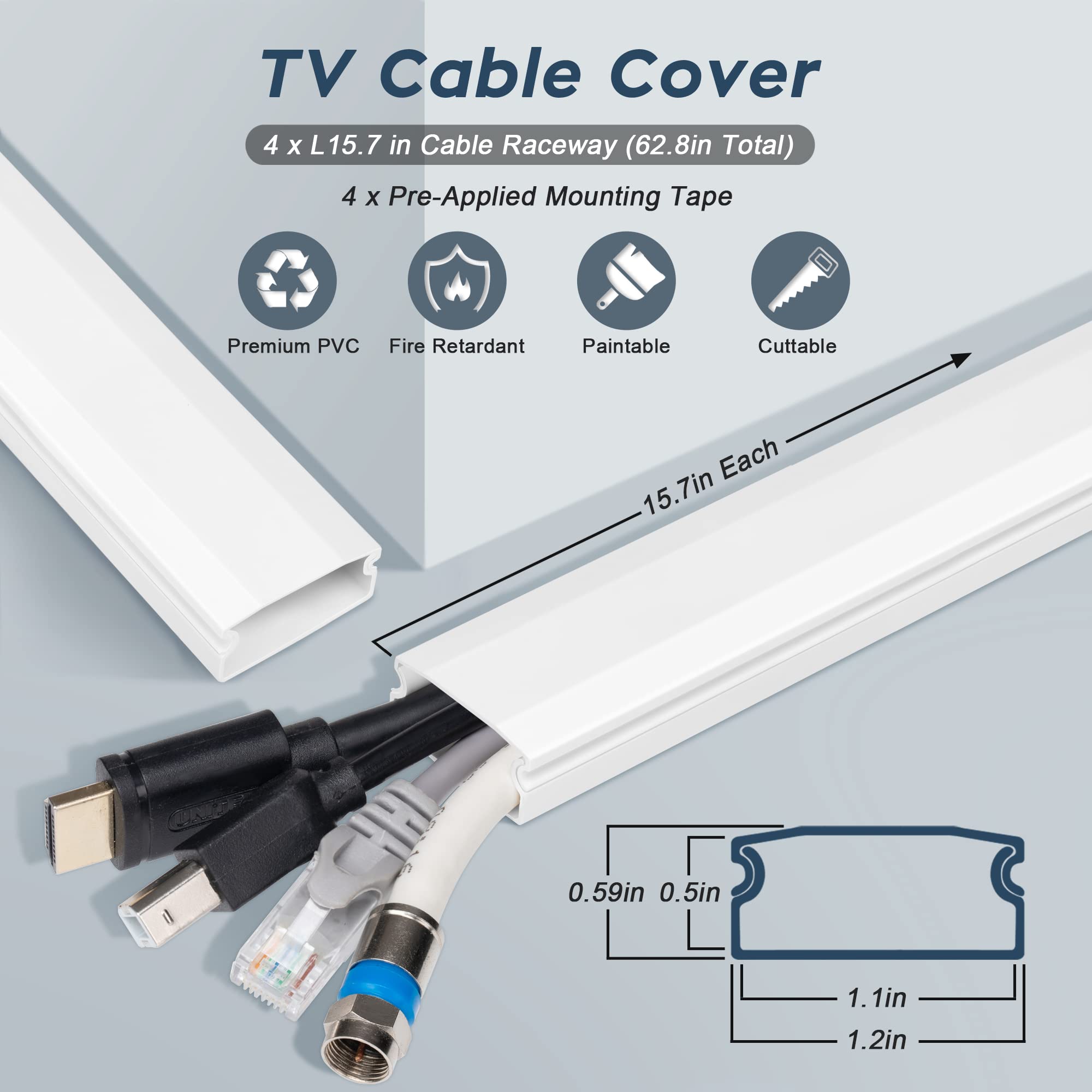Tv Cable Hider   62.8In Pvc Cord Hider Cable Management Wall, Paintable Cable Concealer For Wall Mounted Tv, Cable Raceway White