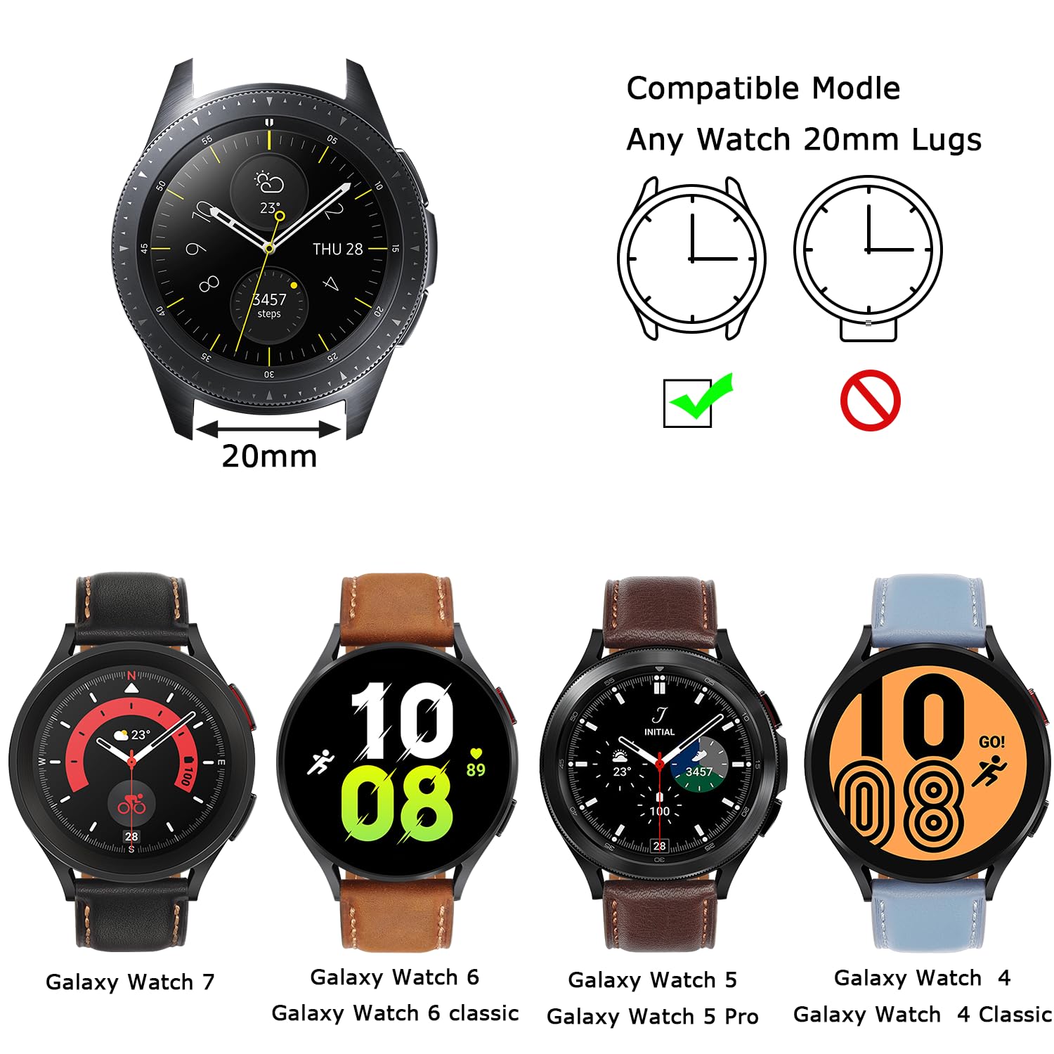 Tasikar 20Mm Leather Bands Compatible With Samsung Galaxy Watch 5/Watch 5 Pro/Galaxy Watch 4 Band, Genuine Leather Replacement S