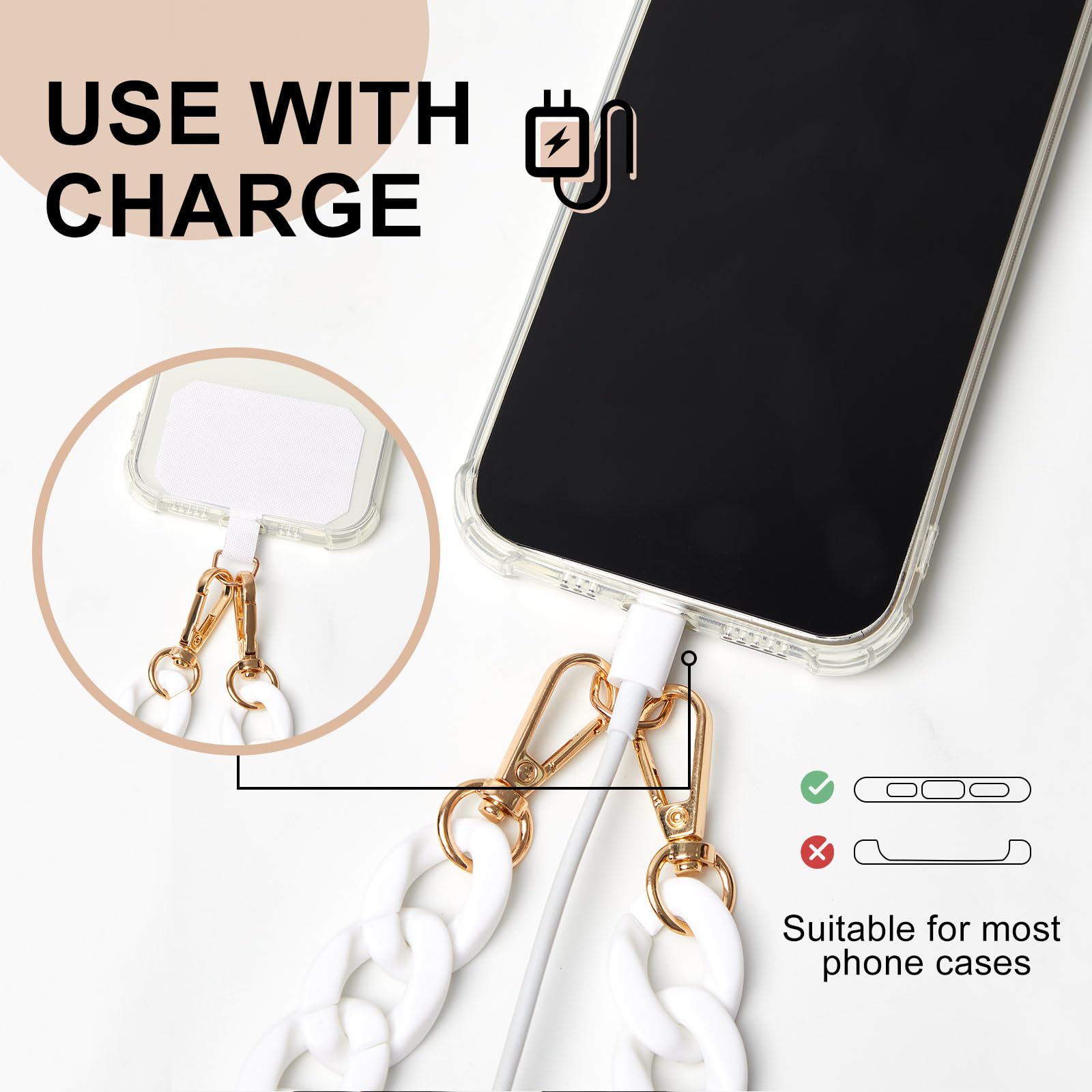 Bememo Clip And Go Strap For Phone With Wallet, Adjustable Crossbody Universal Phone Chains With Zippered Pouch For Women(White)