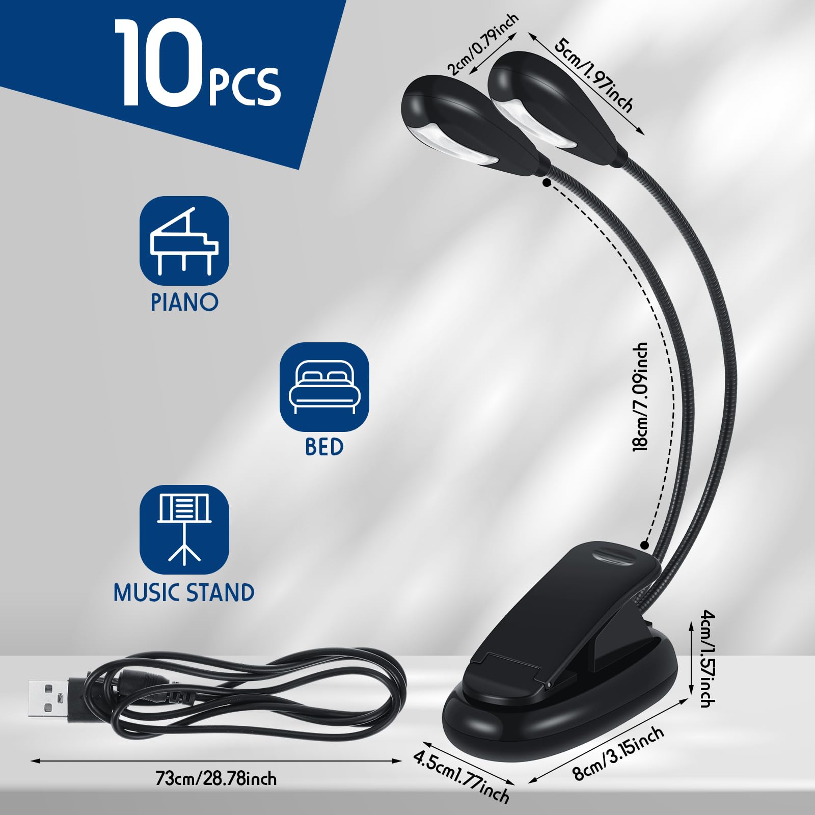 Rossesay 10 Pcs Led Book Light Usb And Aaa Battery Operated Music Stand Clip On Reading Light 4 Brightness Levels Dual Arm Clip