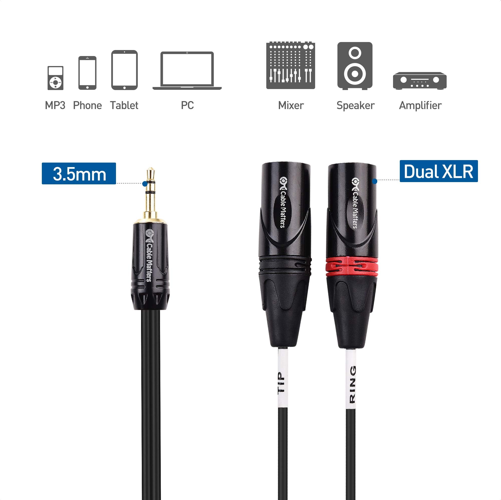 Cable Matters 3.5mm 1/8 Inch TRS to 2 XLR Cable 6 ft, Male to Male Aux to Dual XLR Breakout Cable