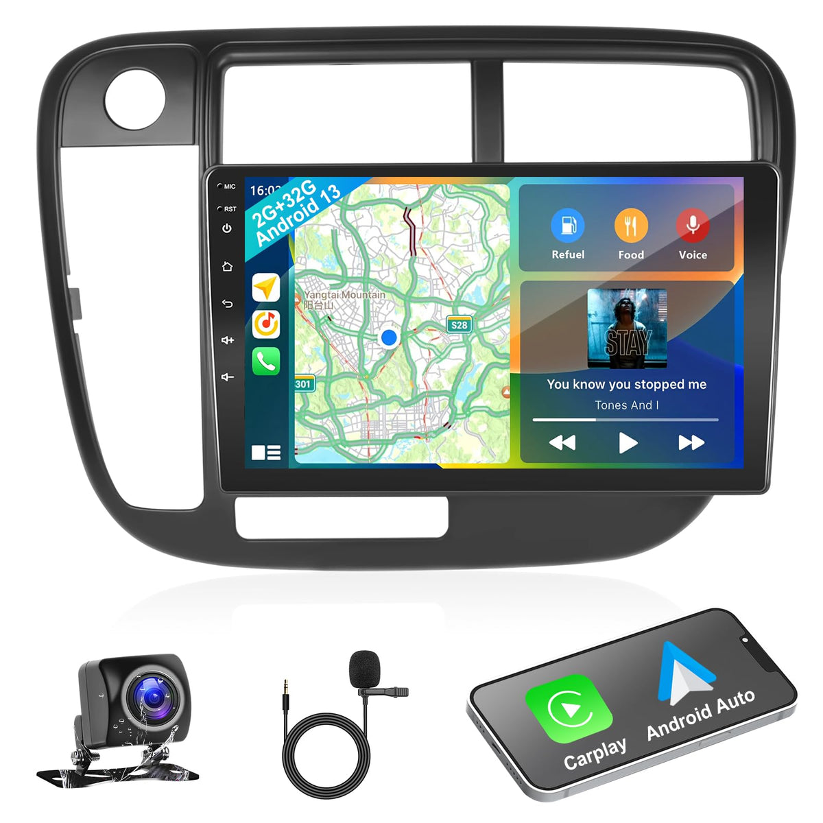 Podofo 2G+32G 2 Din Car Stereo For Honda Civic 1996 2001 With Wireless Carplay Android Auto,9 Inch Android 13 Car Radio Tourchscreen Support Gps/Mirror Link/Swc/Fm&Rds Radio+Ahd Backup Camera+Micphone