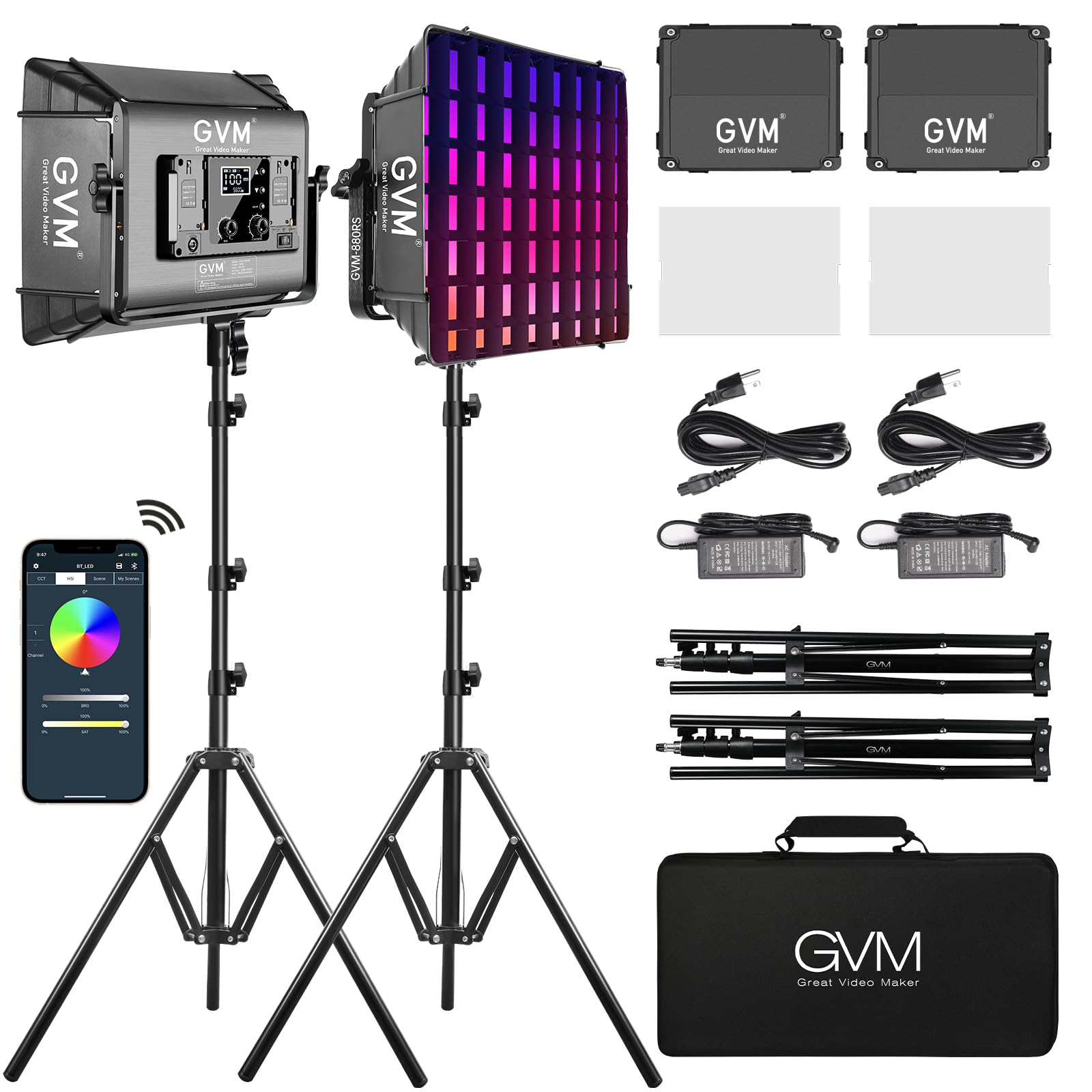 Gvm Rgb Photography Lighting Kits With 2 Softboxes, 880Rs 60W Studio Lights With Bluetooth Control, 2 Packs Video Light With 18