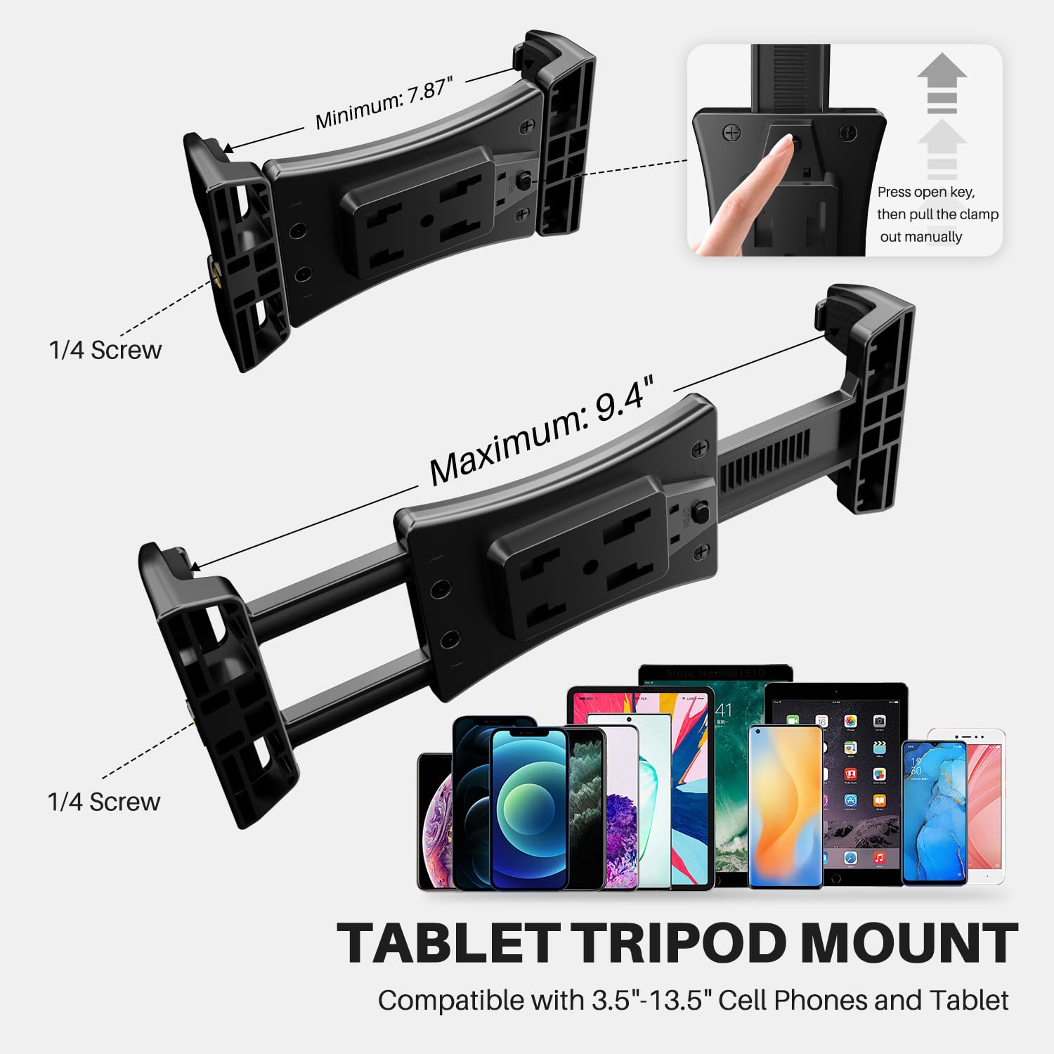 Tablet Tripod Mount Adapter 360 Degree Rotatable Universal, Tablet Clamp Holder For Tripod, Selfie Stick, Monopod, Compatible Wi