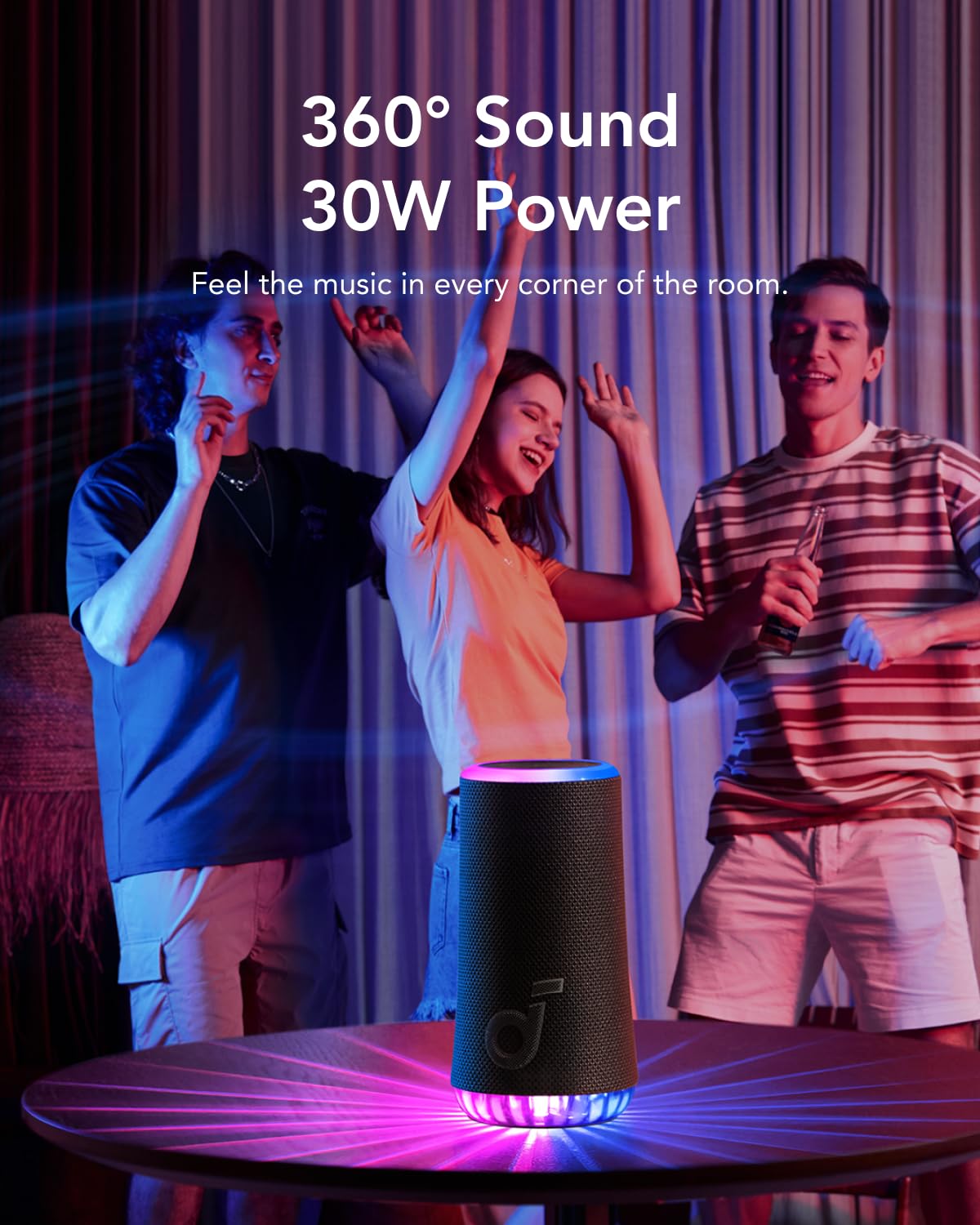 Soundcore Glow Portable Speaker With 30W 360 Sound, Synchronized Radiant Light, 18H Playback, Customizable Eq And Light Show, An