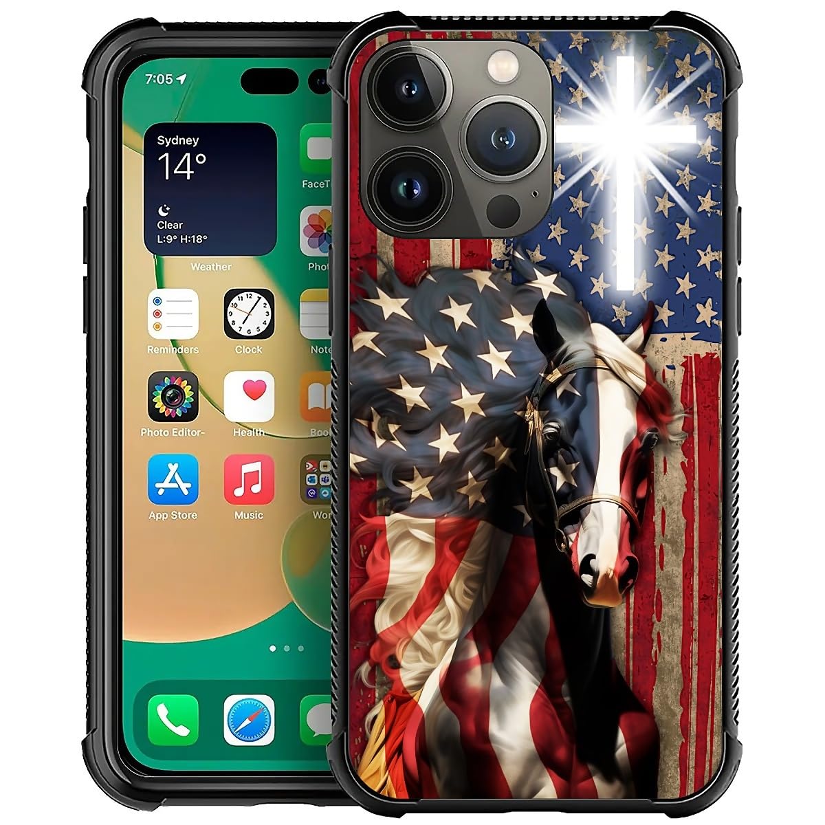 Fkbrcl4U For Iphone 14 Pro Max Case, Red American Flag Horse Cross Pattern Graphic Design Girl Boy Soft Silicone Hard Acrylic Sh
