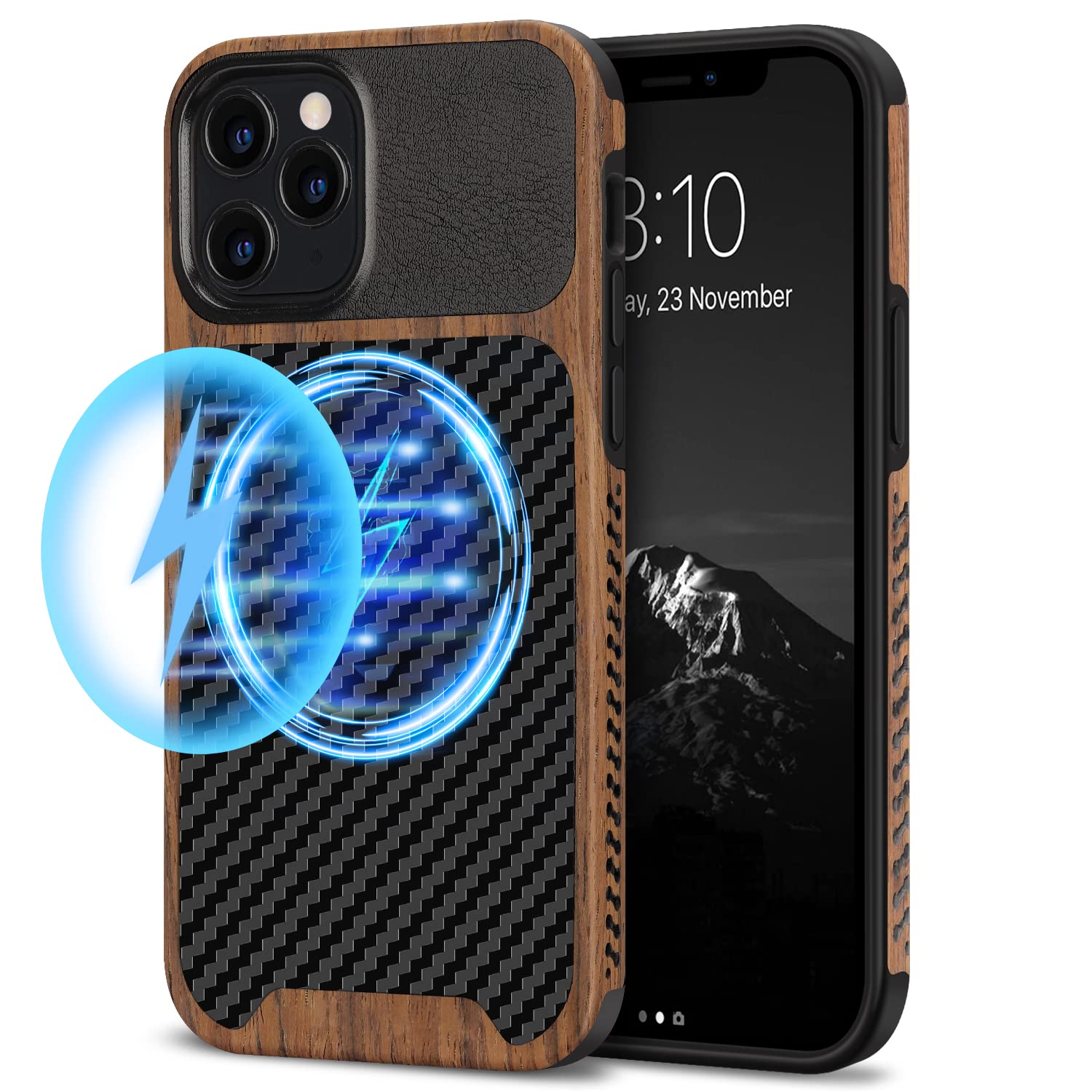 TENDLIN Magnetic Case Compatible with iPhone 12 Pro Max Case Wood Grain with Carbon Fiber Texture Design Leather Hybrid Slim Cas