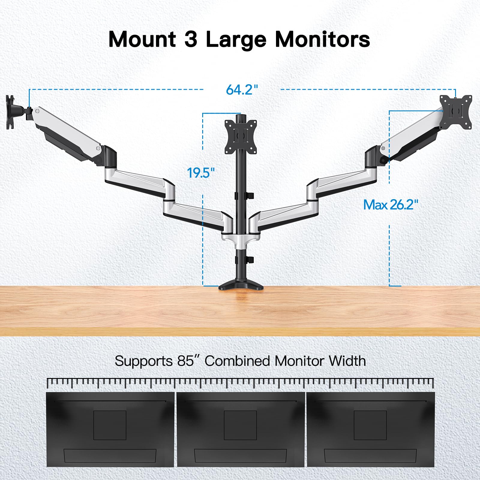 Huanuo Triple Monitor Stand   Full Motion Articulating Gas Spring Monitor Mount Fit Three 17 To 32 Inch Flat/Curved Lcd Computer Screens With Clamp, Grommet Kit, Silver