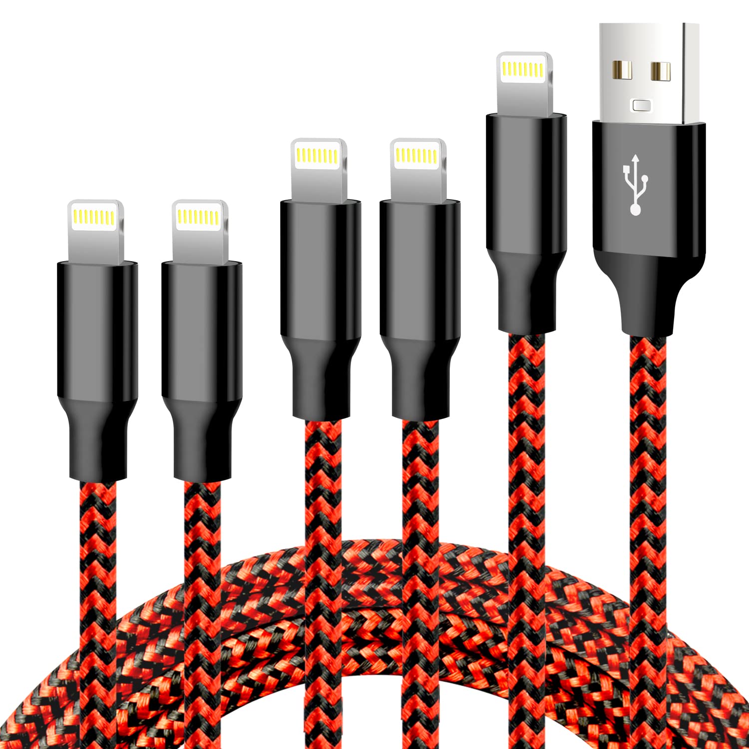 Cugunu Iphone Charger, 5 Pack 3/3/6/6/10Ft Apple Mfi Certified Usb Lightning Cable Nylon Braided Fast Charging Cord Compatible For Iphone 14/13/12/11/X/Max/8/7/6/5/Se/Plus/Ipad   Black Red