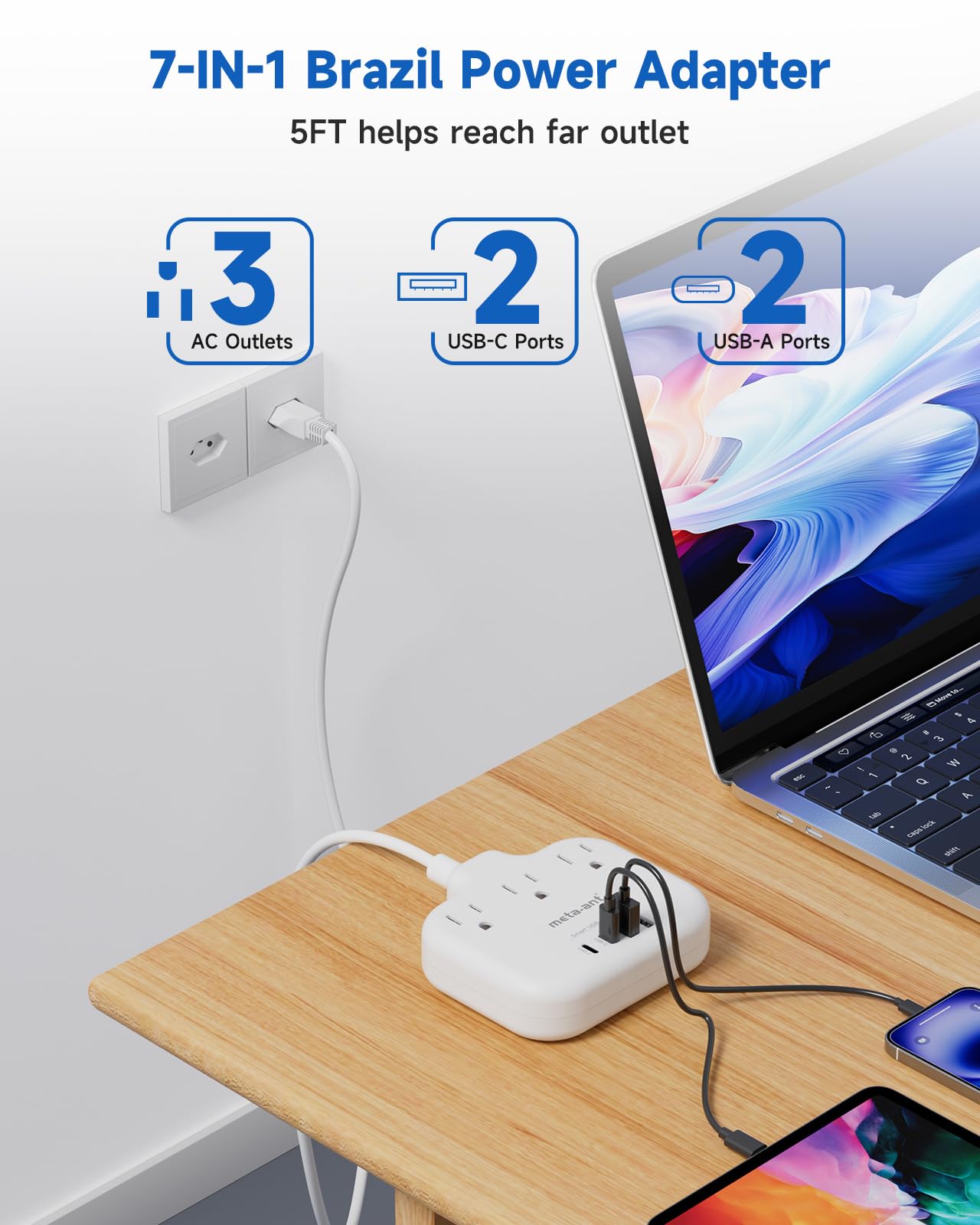 Brazil Power Adapter With 5Ft Extension Cord, Meta Ant Us To Brazil Travel Plug With 3 American Outlets And 4 Usb Charger Port(2