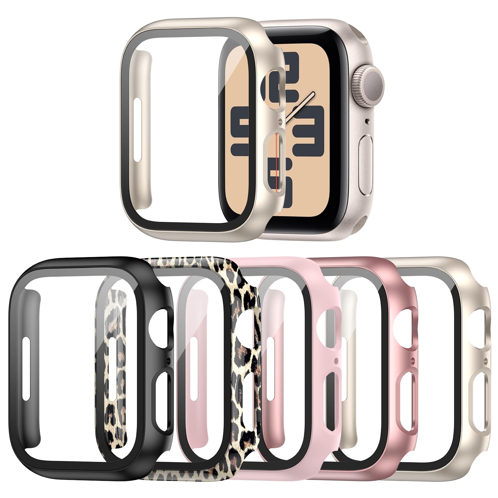 Haojavo 5 Pack Hard PC Case with Tempered Glass Screen Protector for Apple Watch 44mm SE(2023) (2nd Gen) Series 6 5 4 SE, Scratc