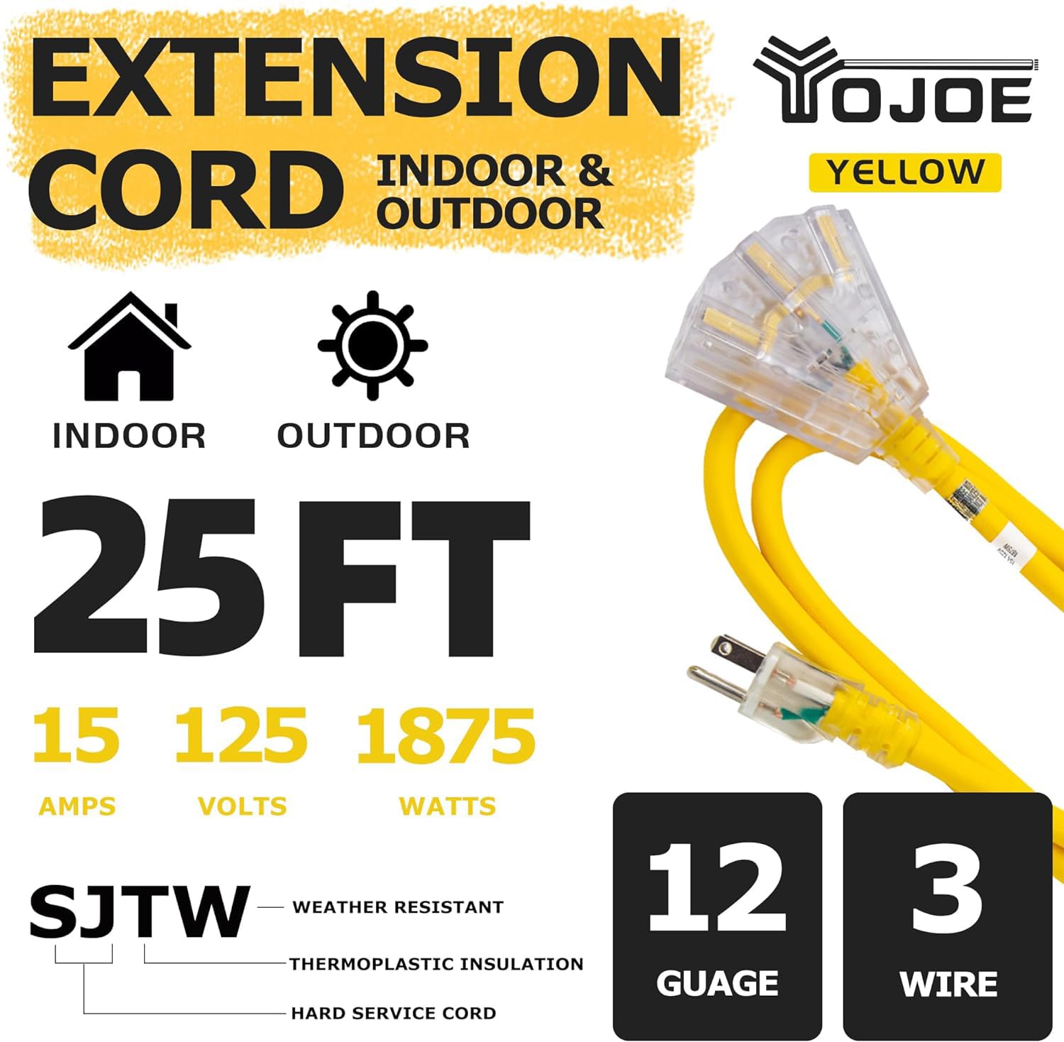 Yojoe 3 Outlets Indoor Outdoor Extension Cord With Lighted End, 3 Prong 15A Weatherproof Power Cord, 12 Gauge Heavy Duty 25 Ft Y