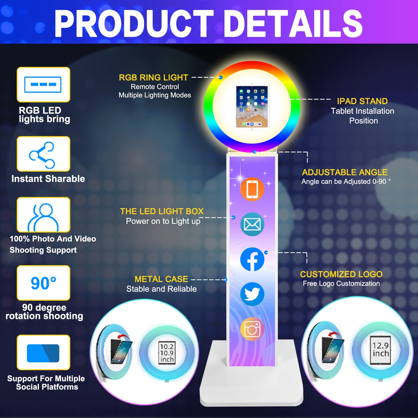 Zlpower Portable Photo Booth For Ipad 10.2'' 10.9'' 11'' 12.9'' Shell Stand Selfie Station Customized Logo Photobooth Machine Wi