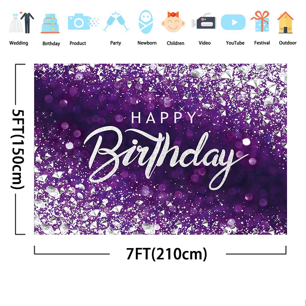 Svbright Purple Happy Birthday Backdrop For Women 7Wx5H Shinning Diamond Silver Bokeh Dots Woman Girls Elegant Sweet Princess Po