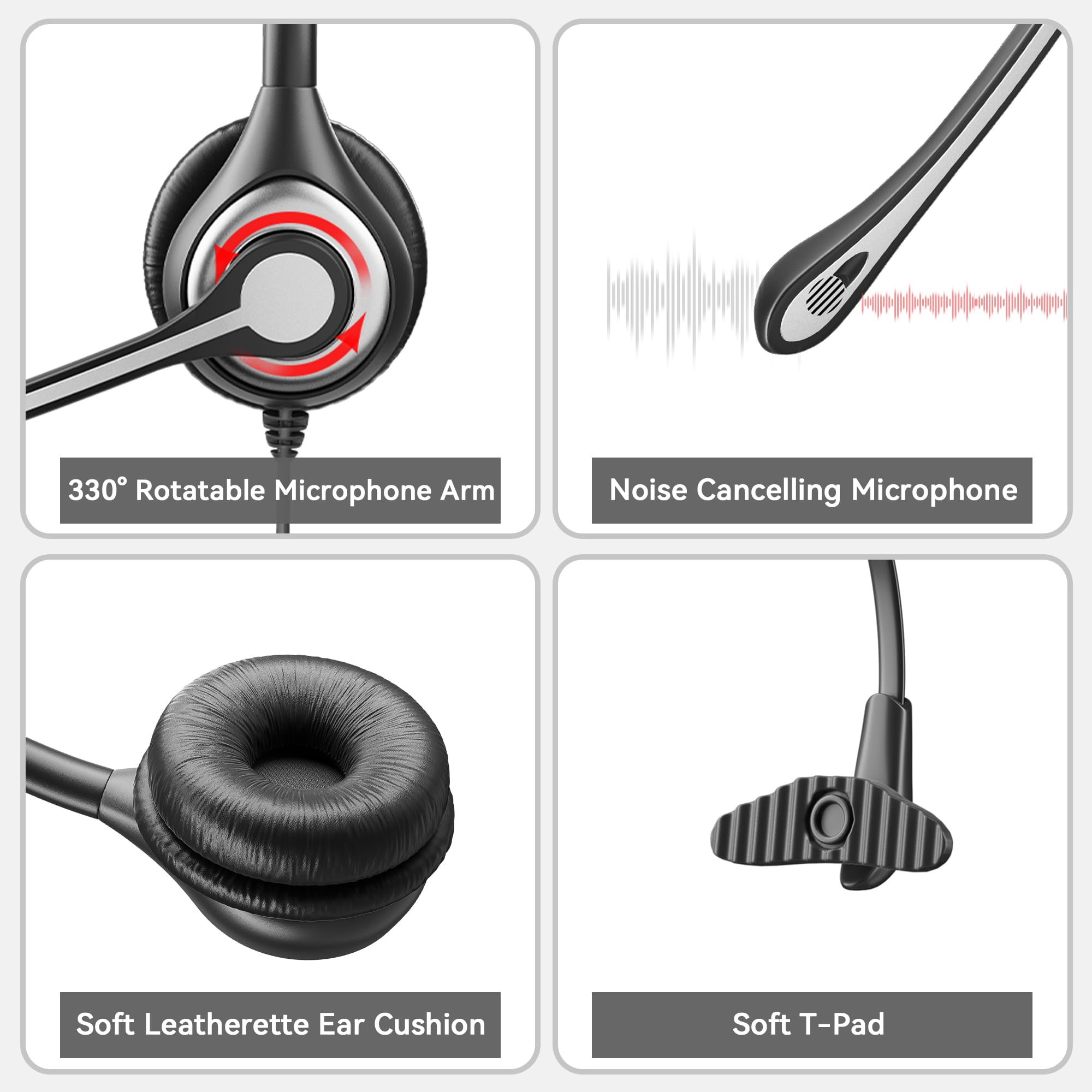 Wantek Corded Telephone Headset Mono W/Noise Canceling Mic + Quick Disconnect