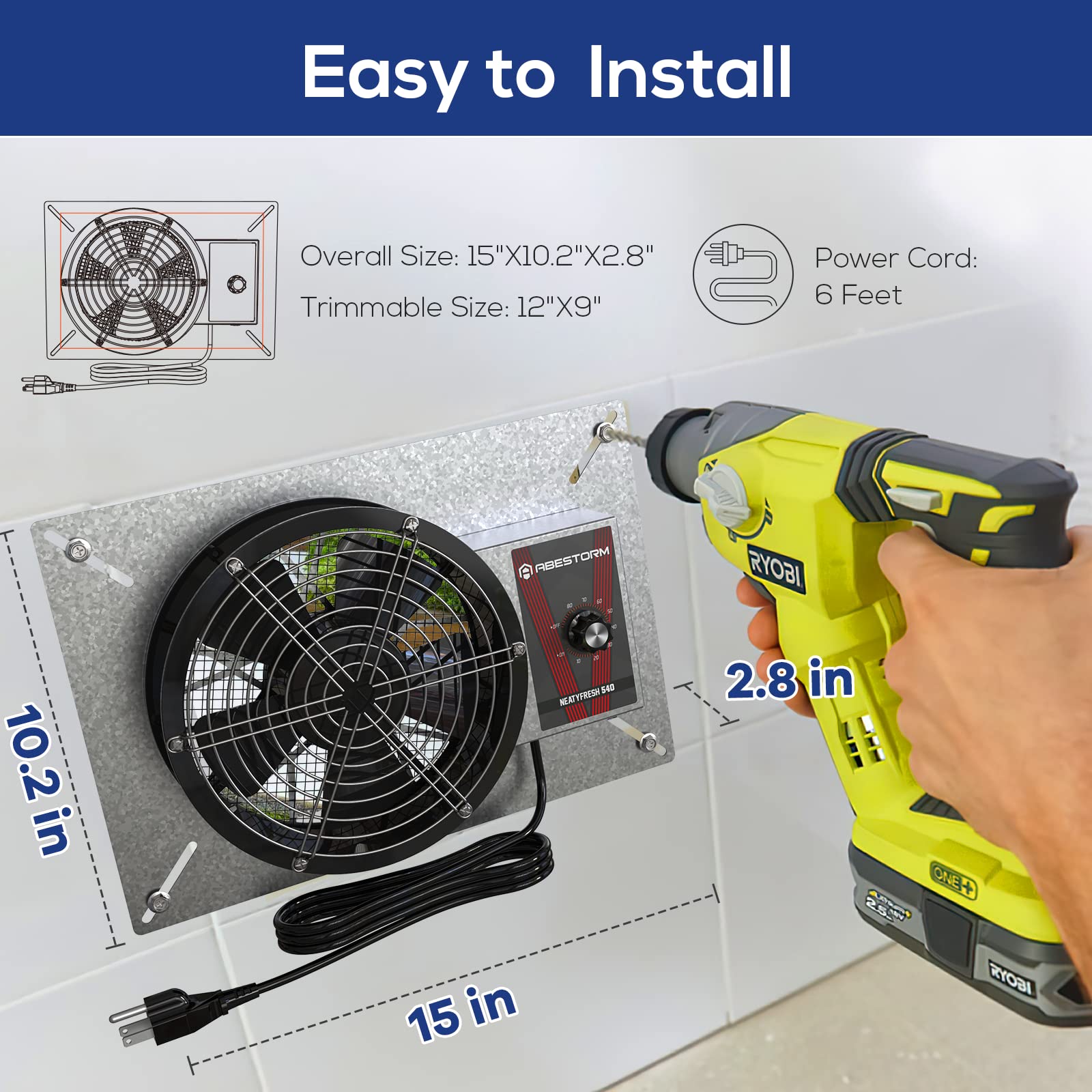 Abestorm 540Cfm Ip 55 Rated Crawlspace Ventilation Fan With Humidistat Thermostat, 8.7Inch Basement Vent Fans With Isolation Mes