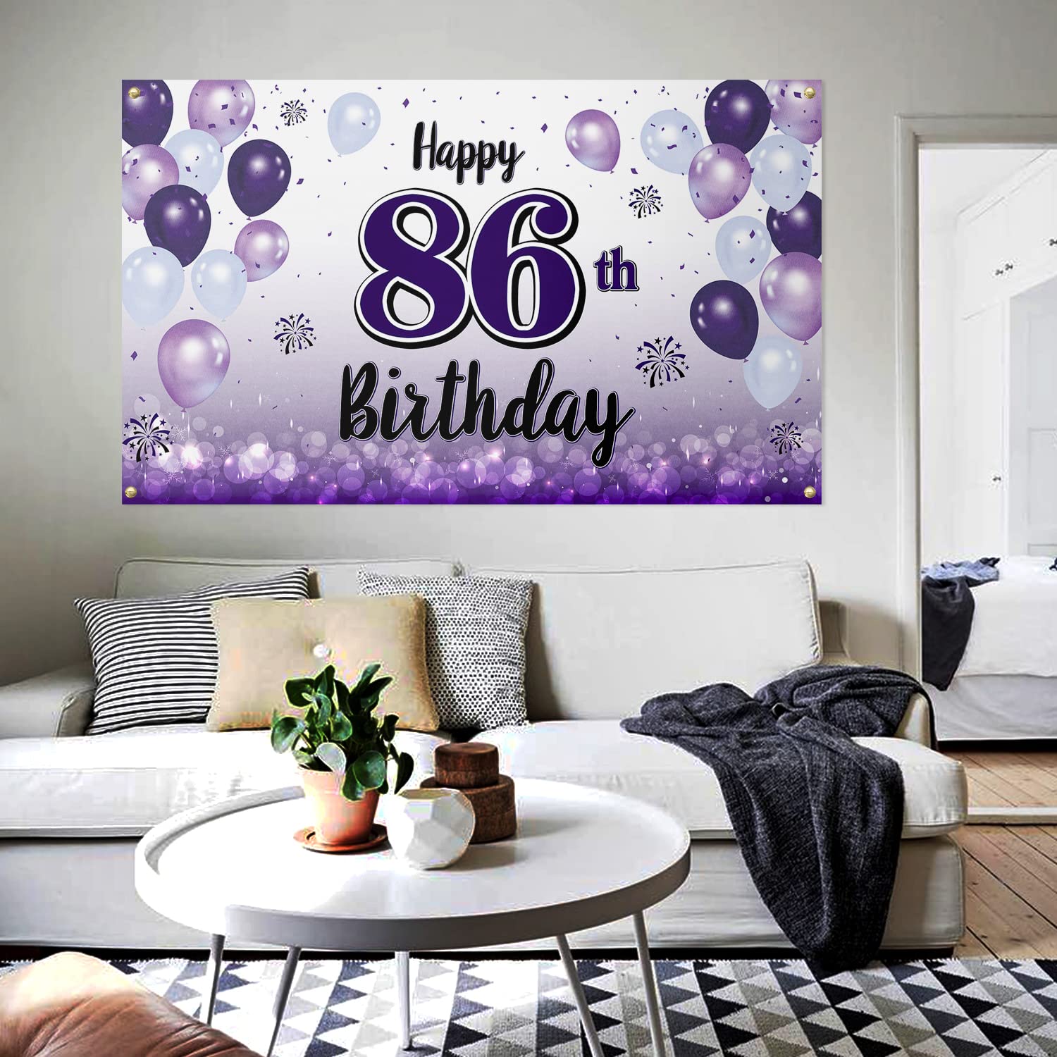 Laskyer Happy 86Th Birthday Decorations,86Th Purple Balloon Large Birthday Banner Backdrop Sign,86 Years Old Bday Party Supplies