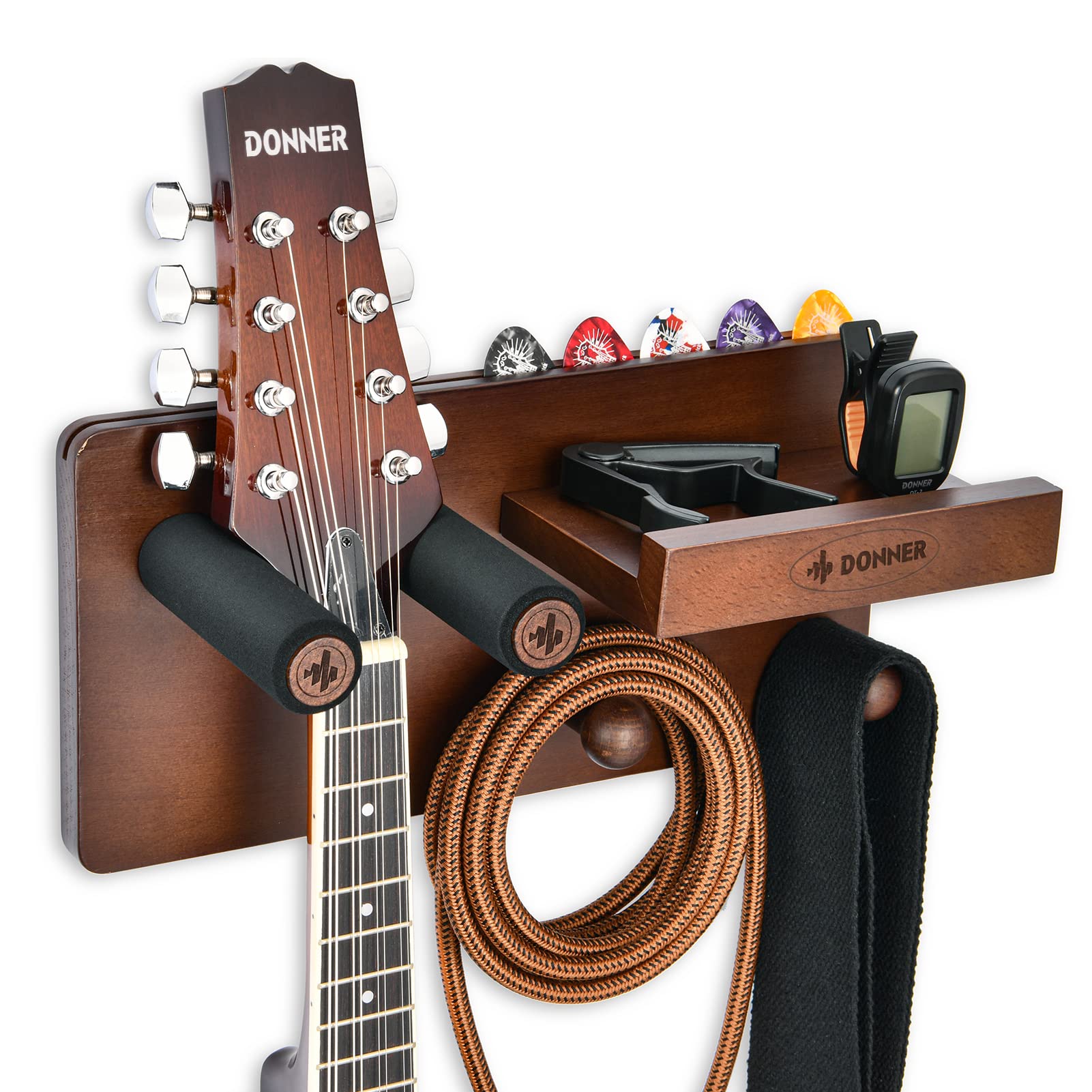 Donner Guitar Wall Mount Shelf, Guitar Wall Hanger with Pick Holder and 2 Hooks, Wood Guitar Rack for Acoustic, Electric, Bass, 