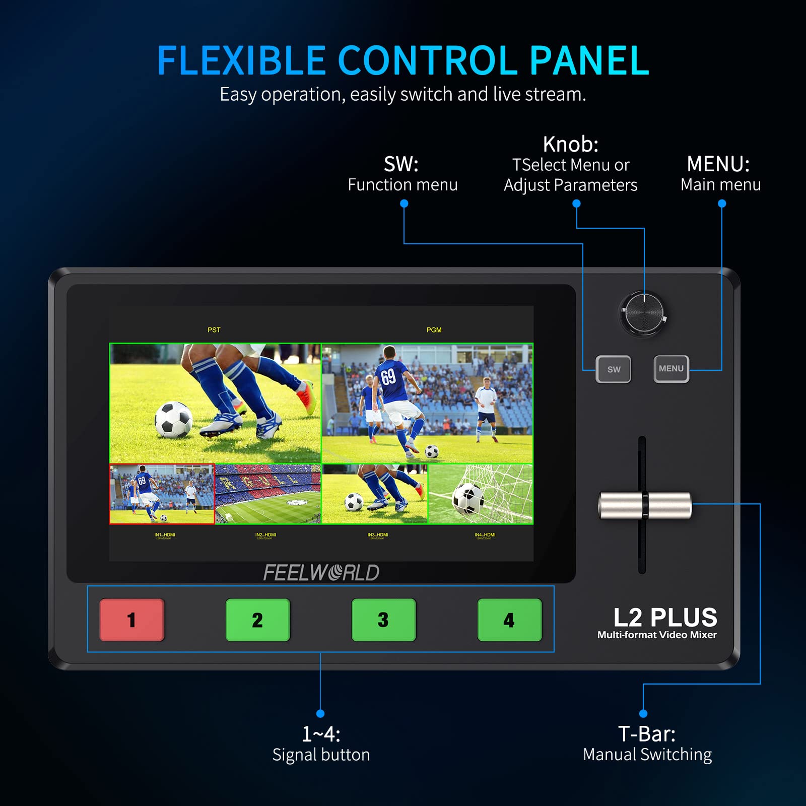 Feelworld L2 Plus Multi Camera Video Mixer Switcher With 5.5 Inch Lcd Touch Screen Ptz Controller Chroma Key 4 Hdmi Inputs Usb3.