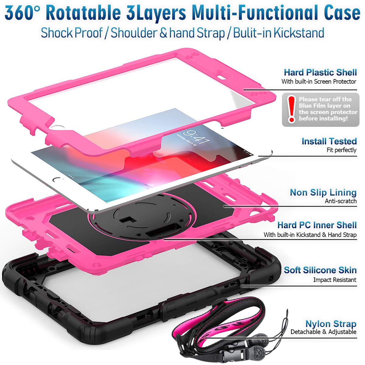 Timecity Case For Ipad Mini 5/4 With Screen Protector Pencil Holder [360 Rotating Hand Strap] & Stand, Drop Proof Case For Mini