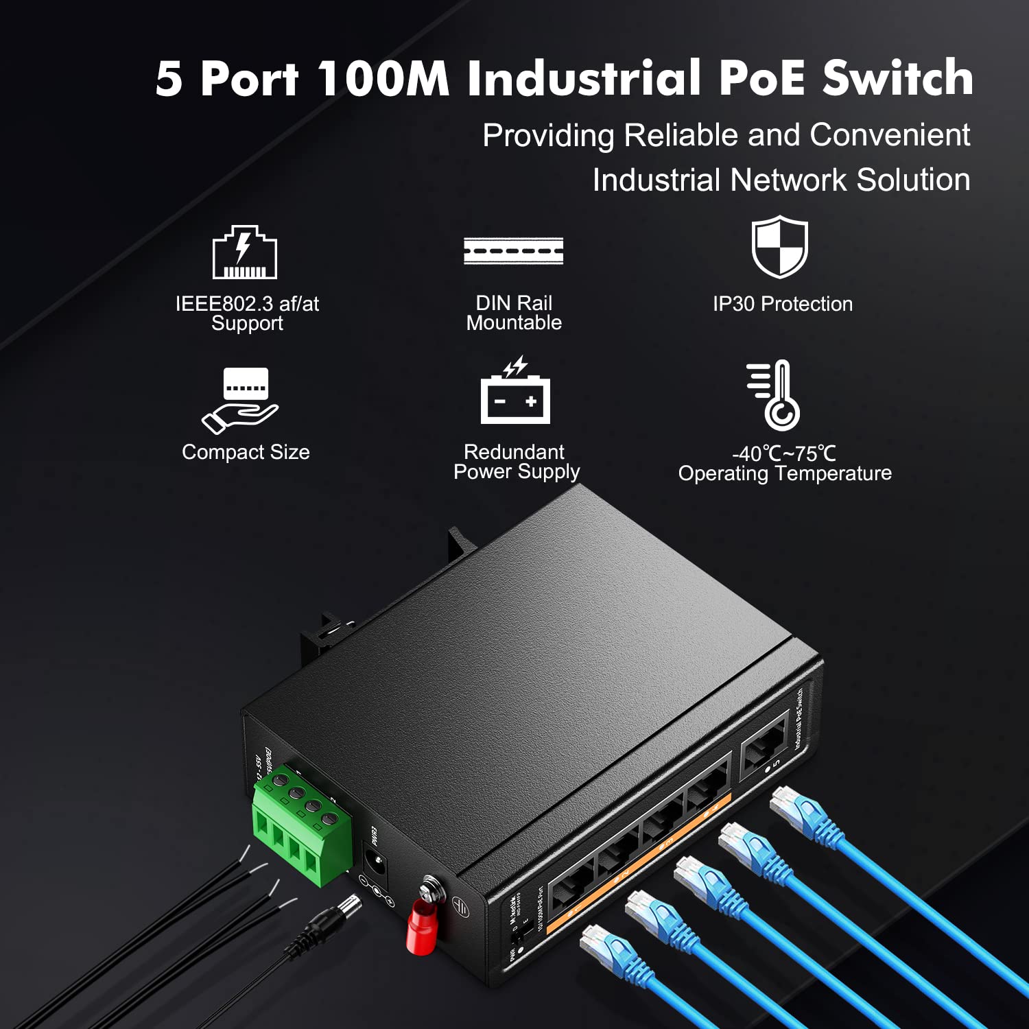 Mokerlink 5 Port Poe+ Industrial Din Rail Switch, 4 Ports Poe+ Ieee802.3Af/At, 1 Uplink, 10/100Mbps Fast Ethernet, Din Rail & Wa