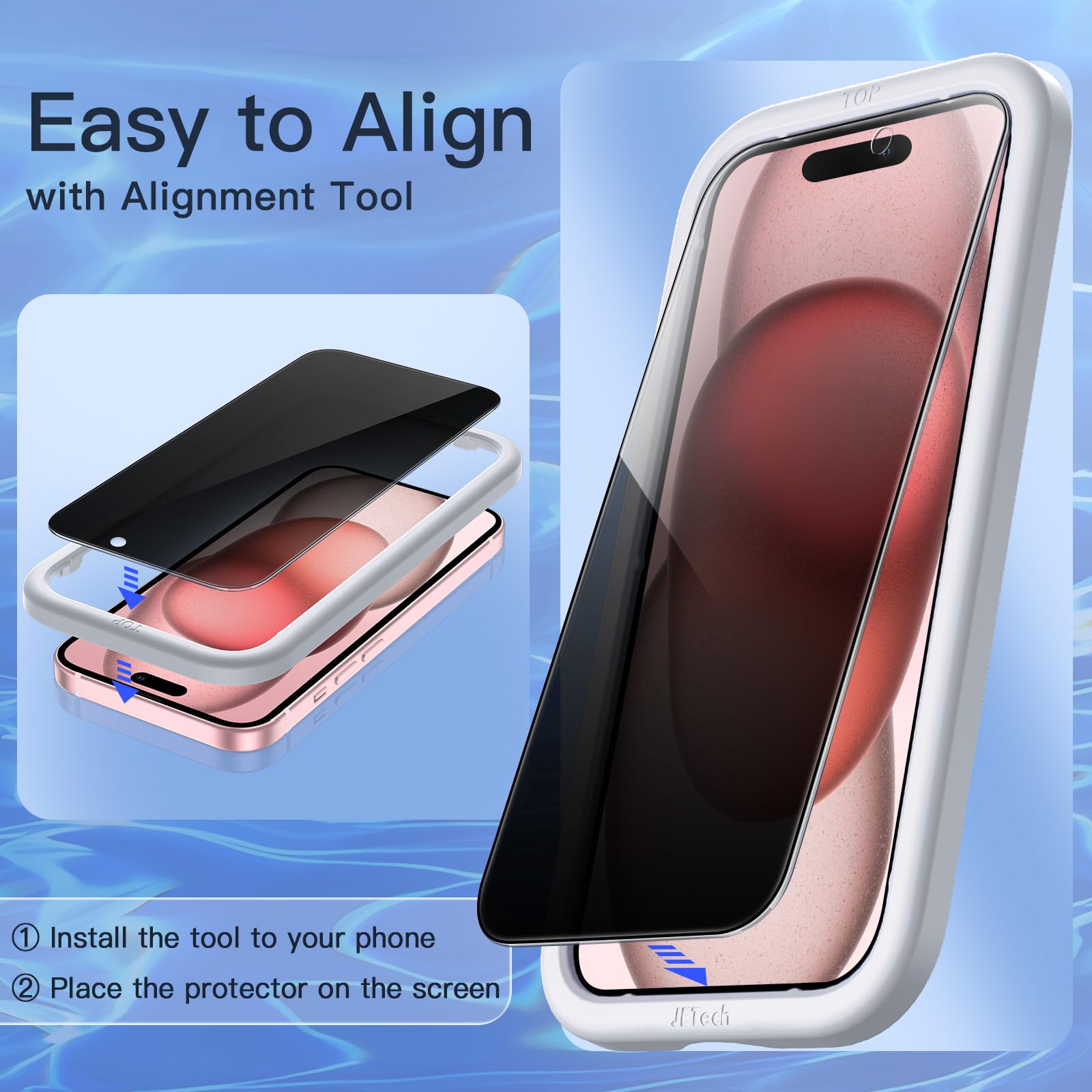 Jetech Privacy Screen Protector For Iphone 15 6.1 Inch, Anti Spy Tempered Glass Film With Easy Installation Tool, 2 Pack