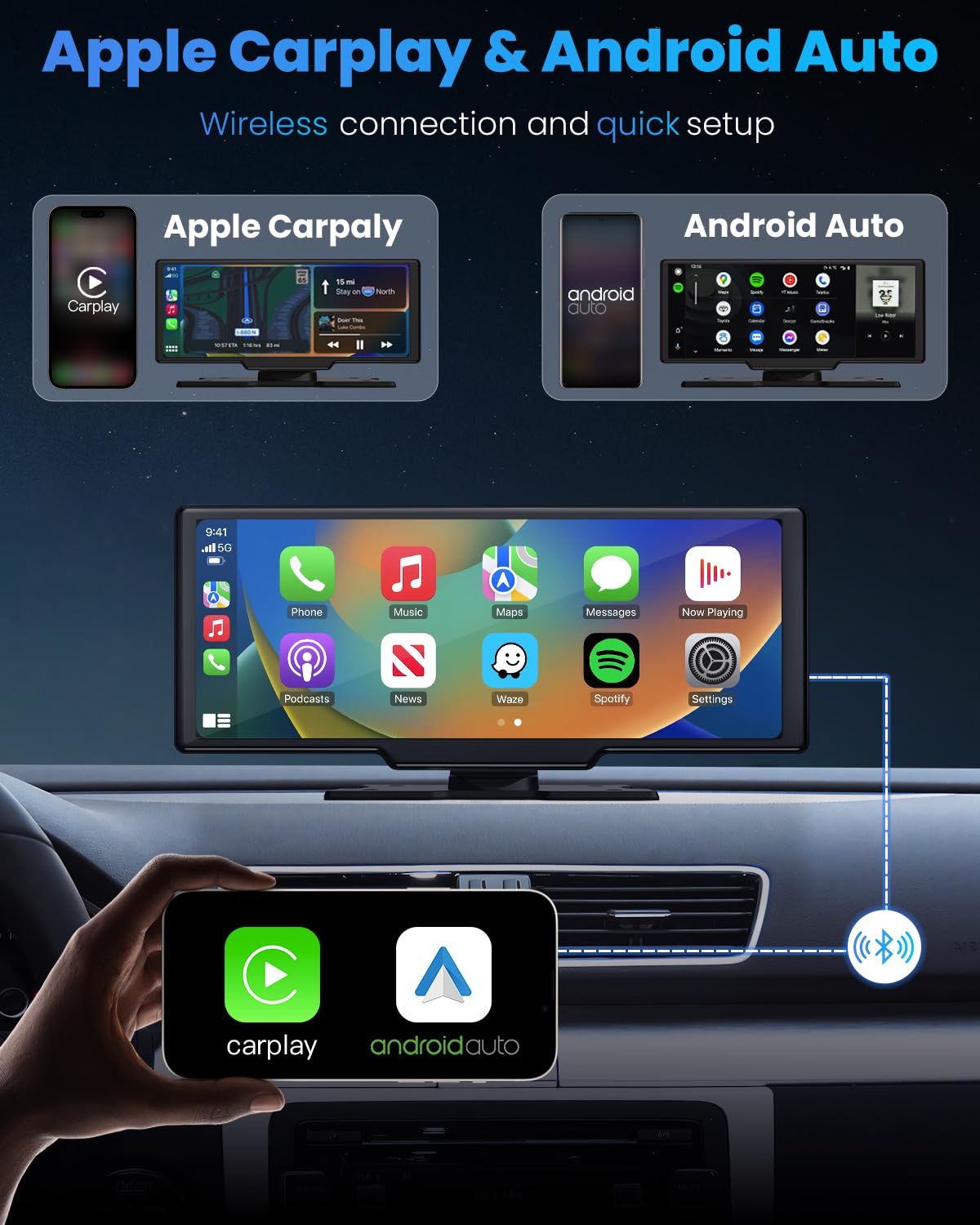 10.26'' Carplay Screen For Car: 4K Dash Cam Portable Car Stereo With Wireless Carplay Android Auto, Touchscreen, 1080P Backup Ca