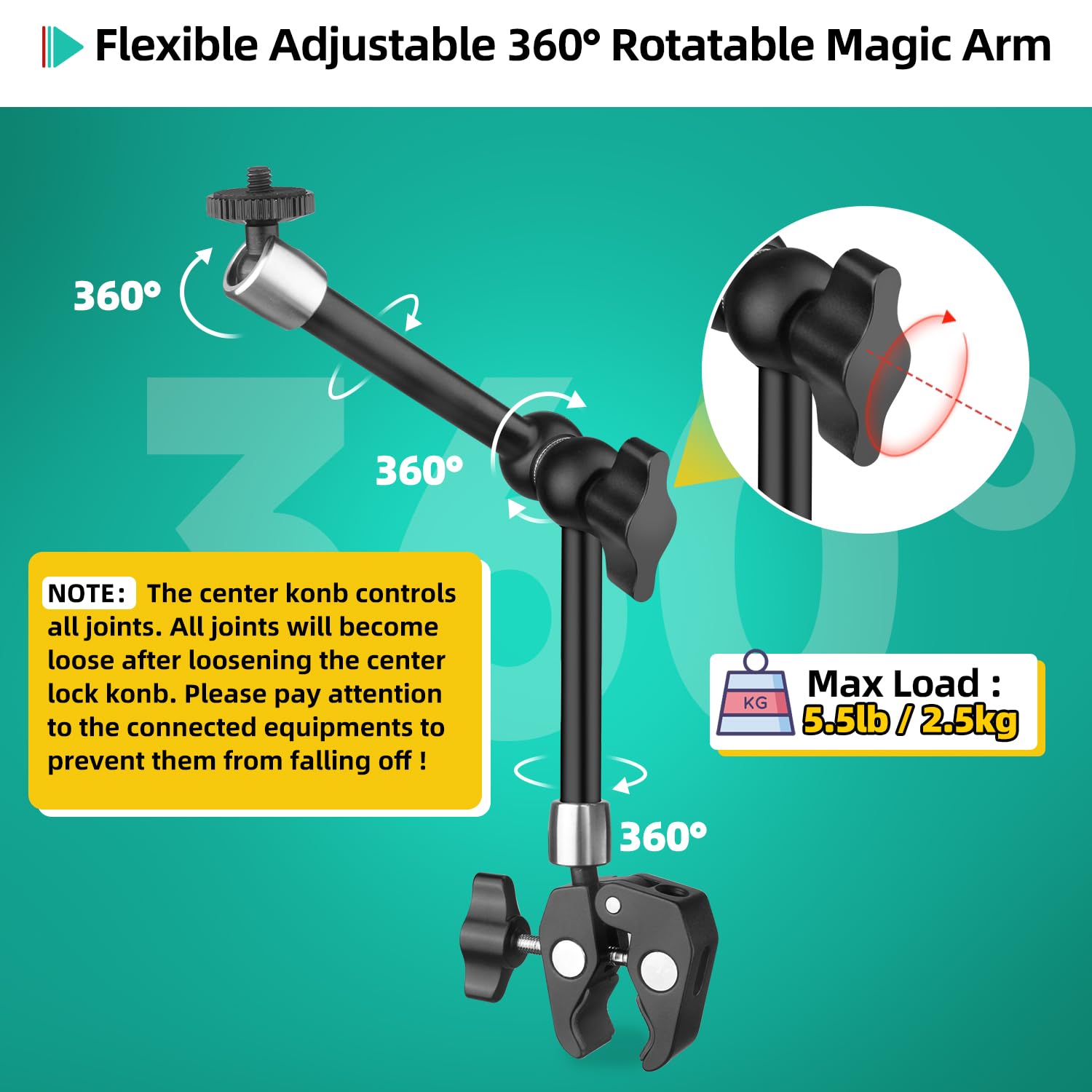 Jebutu 9.8 Adjustable Magic Arm W Clamp, Articulating Magic Arm Camera Clamp Mount W 1/4 Thread, Overhead Phone Flexible Desk Ca