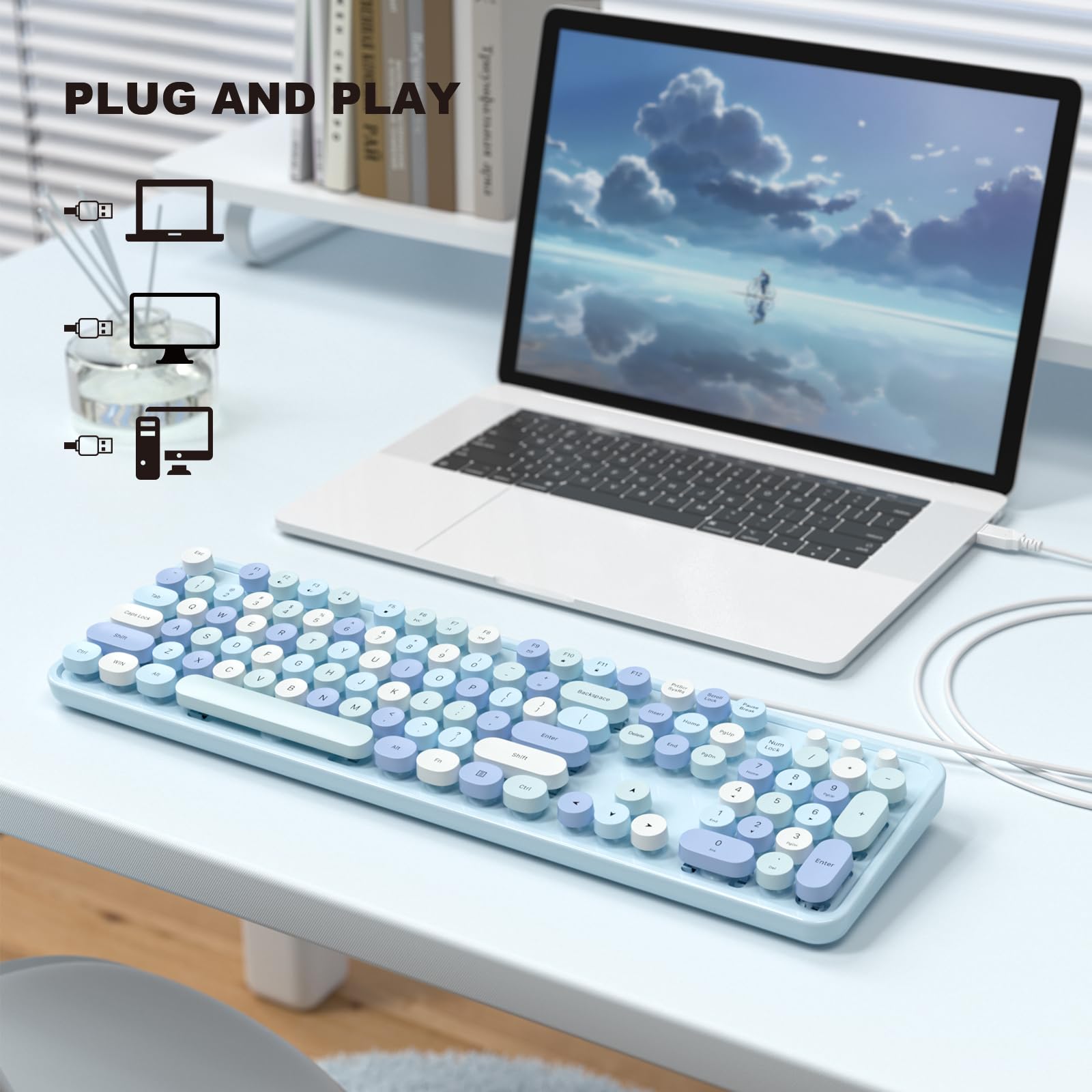Mofii Computer Keyboards Wired, Plug Play Usb Full Size Typewriter Keyboard, Cute Colorful Aesthetic Keyboard With Foldable Stan