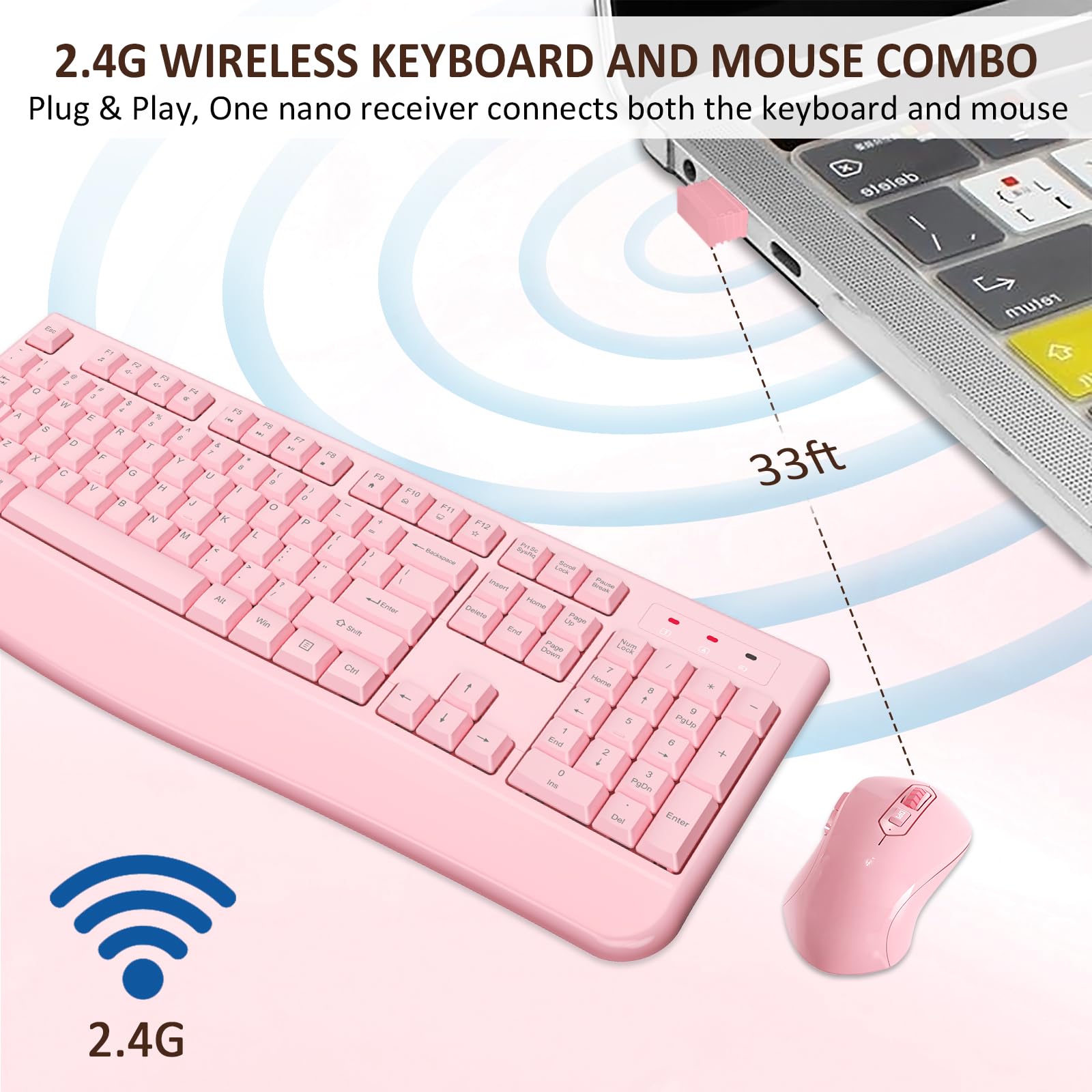 Edjo Wireless Keyboard And Mouse Combo, 2.4G Full Sized Ergonomic Computer Keyboard With Wrist Rest And 3 Level Dpi Adjustable W