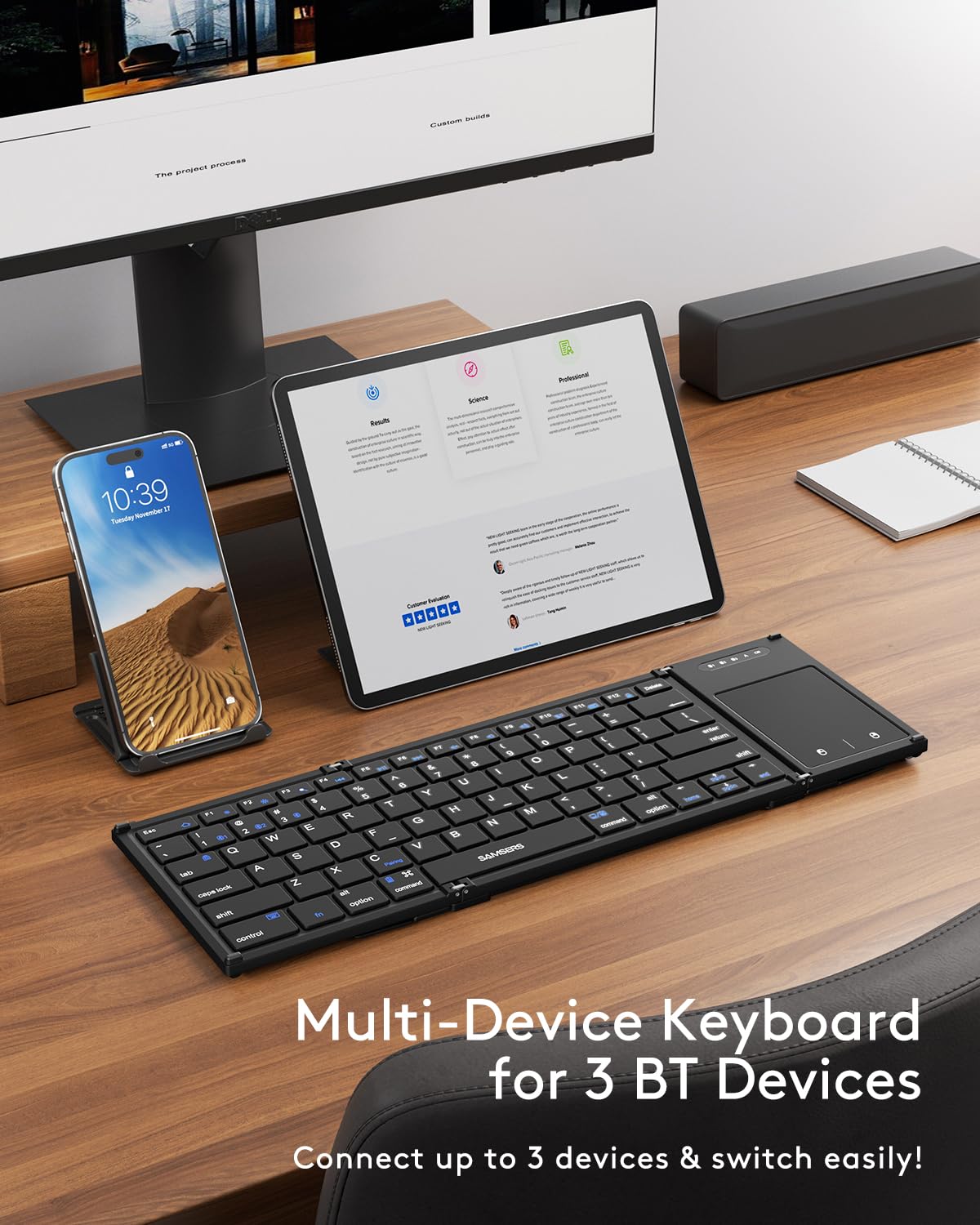 Samsers Foldable Bluetooth Keyboard With Touchpad, Full Size Wireless Folding Keyboard With Holder, Rechargeable Portable Travel