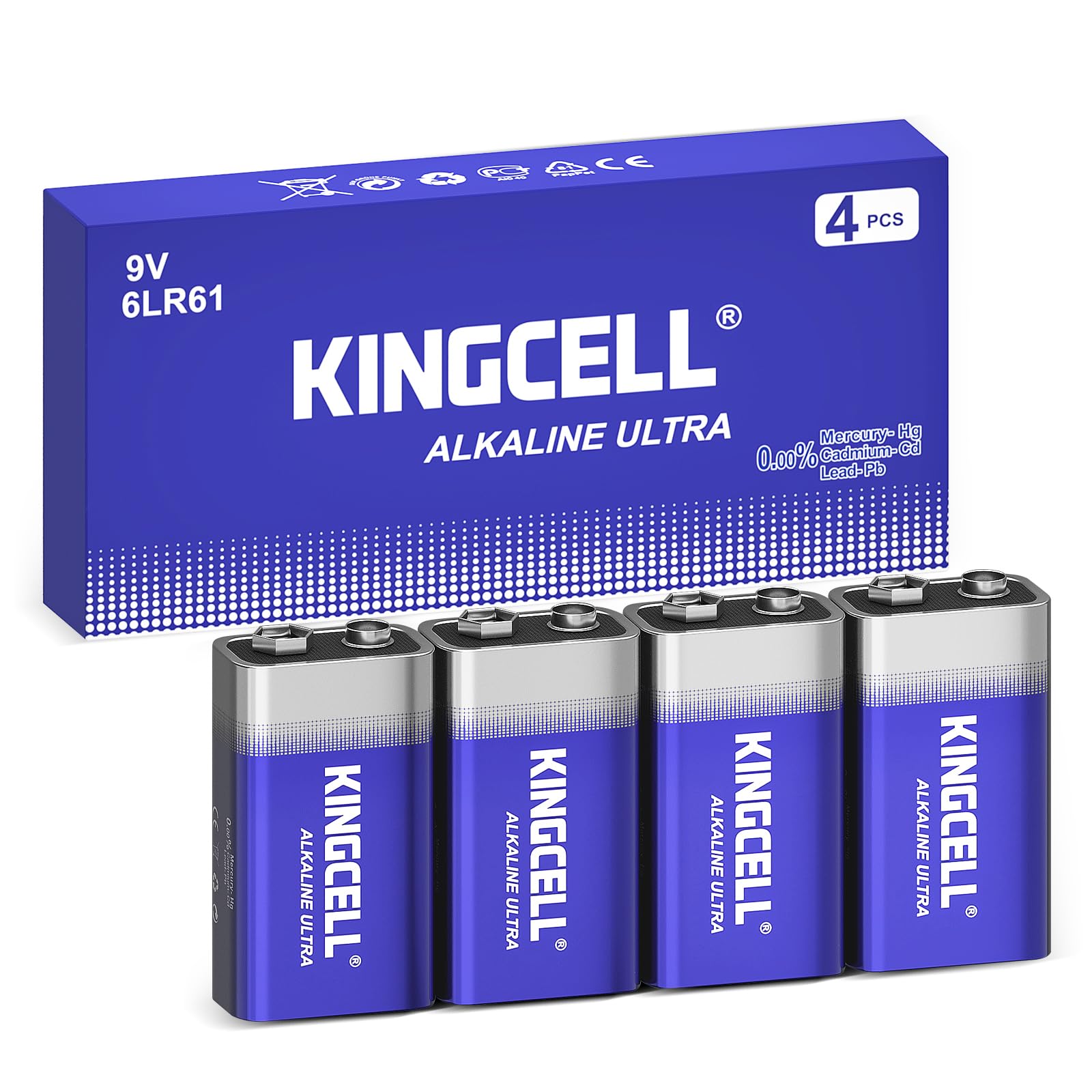 KINGCELL 9V Batteries 4 Pack, Alkaline Hight Performance 9 Volt Battery with 10-Year Shelf Life,Long-Lasting Power 9v Battery fo