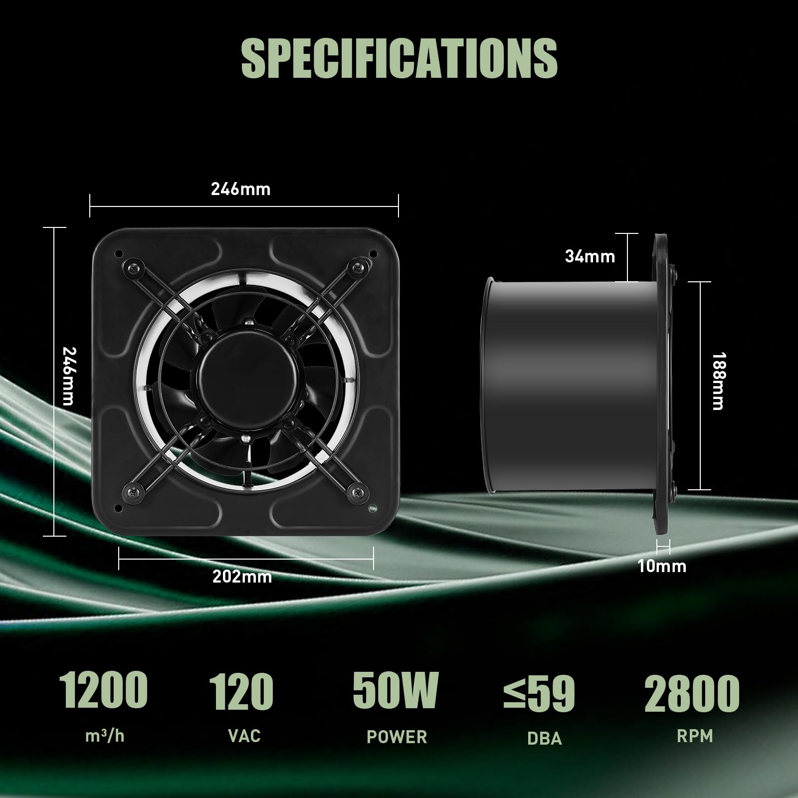 Fareast 8 Inch Garage Exhaust Fan, Wall Mounted Kitchen Exhaust Fan, Metal Attic Fan With Backdraft Damper, 1200 M/H Air Volume