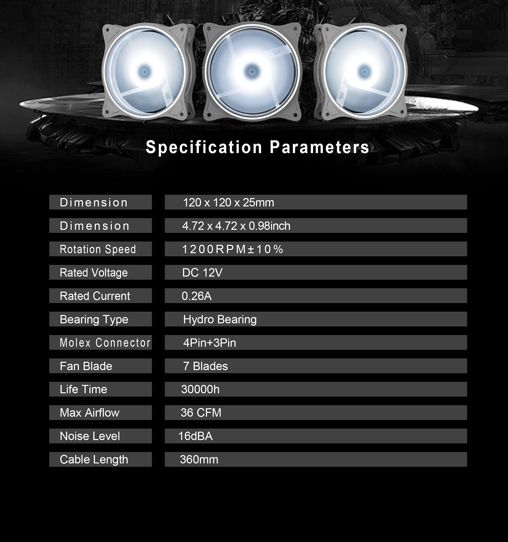 120Mm Computer Pc Cooling Fan White Led Game Case Cooler Fan Quiet 12V Computer Pc Fan With Triple Light Loop 3 Pack