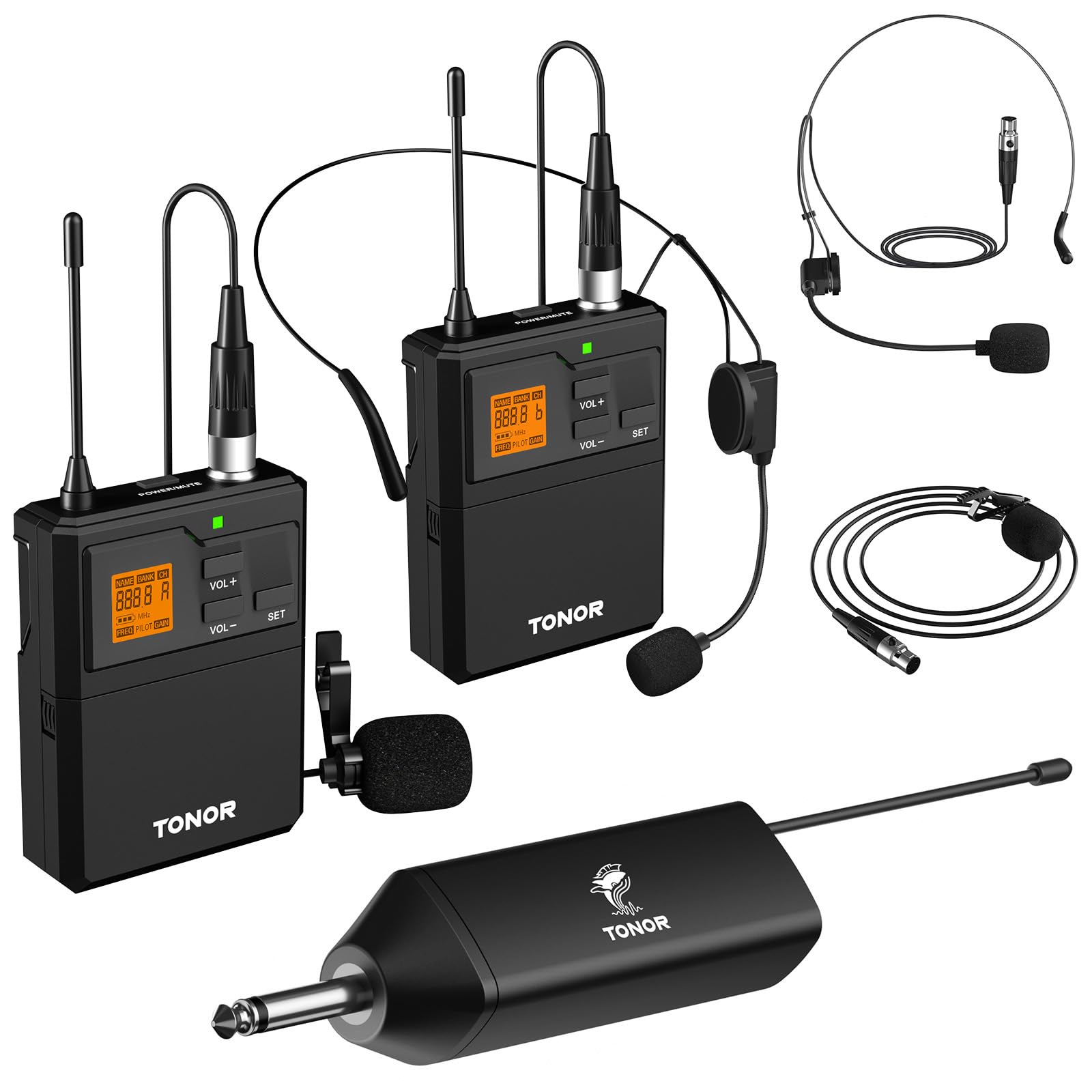 Tonor Uhf Wireless Microphone System With Dual Headset Microphones/Lavalier Lapel Mics, Bodypack Transmitters, Mini Rechargeable