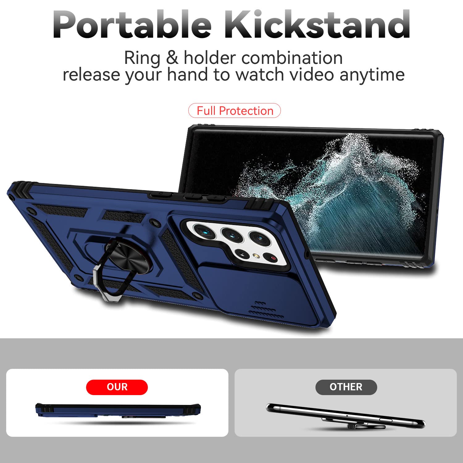 Sunstory For Samsung Galaxy S22 Ultra 5G Case With Hd Screen Protector & Slide Camera Cover & Rotated Ring Kickstand, [Military