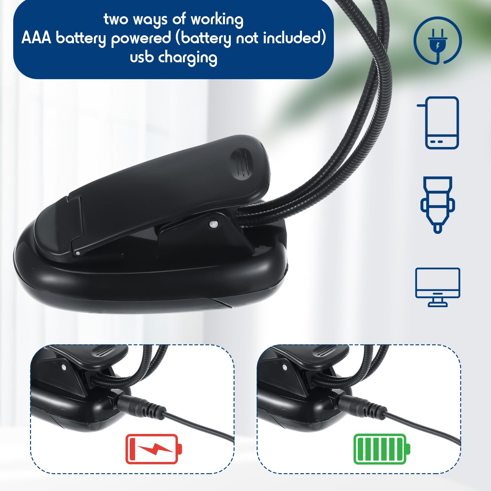 Rossesay 28 Pcs Music Stand Light Bulk Clip On Led Book Lights Usb And Aaa Battery Operated Brightness Dual Arm Clip Lamp Rechar