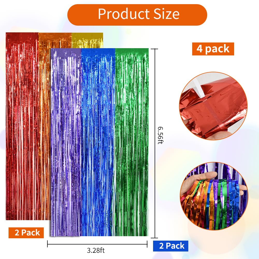 Beishida 4 Pack Rainbow Streamers Fringe Foil Curtain Backdrop Curtain, Tinsel Curtain Wall Door Party Streamers For Birthday Pa