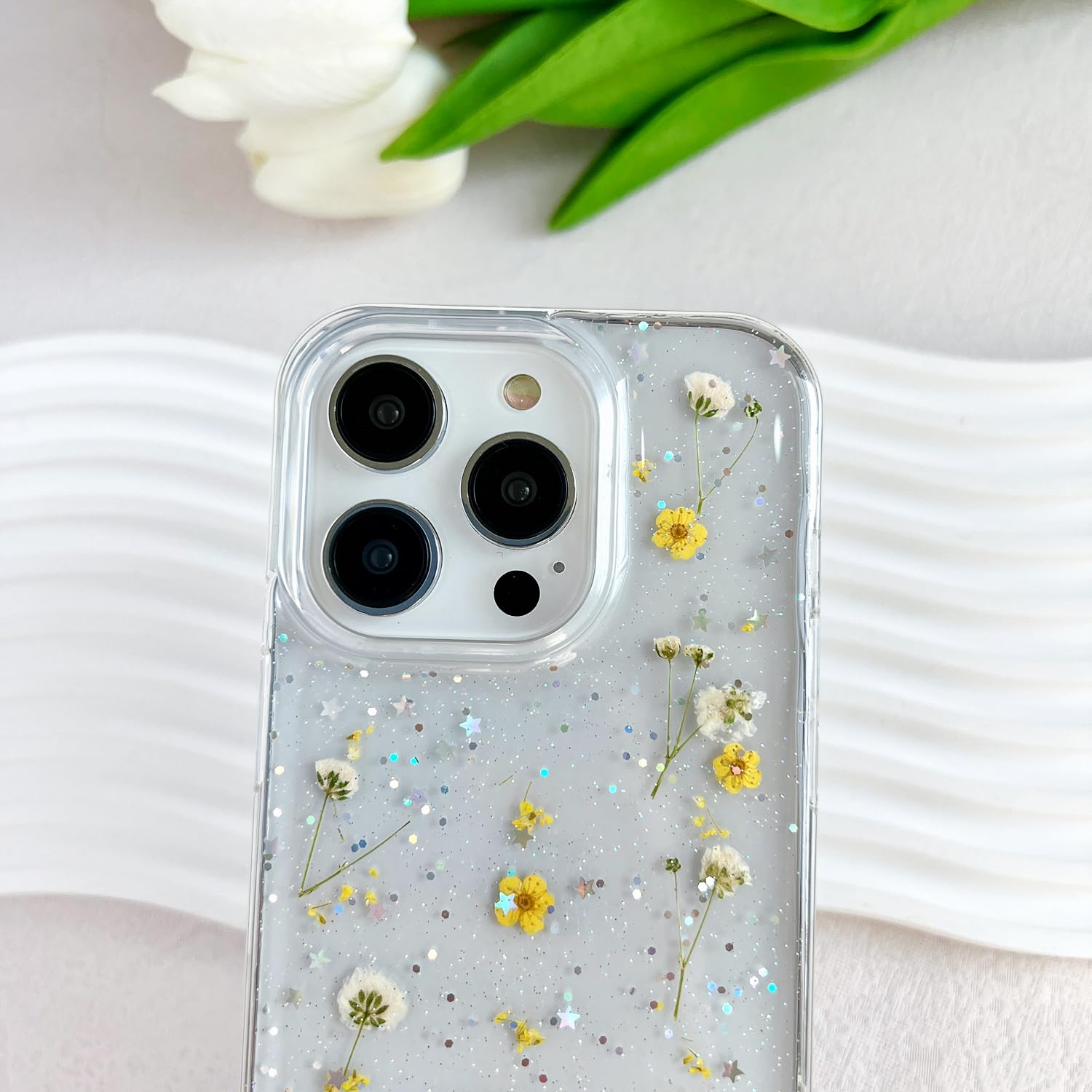 Lseeka For Iphone 14 Pro Clear Case With Pressed Real Flowers Design,Glitter Cute Yellow Floral Pattern Slim Soft Tpu Protective