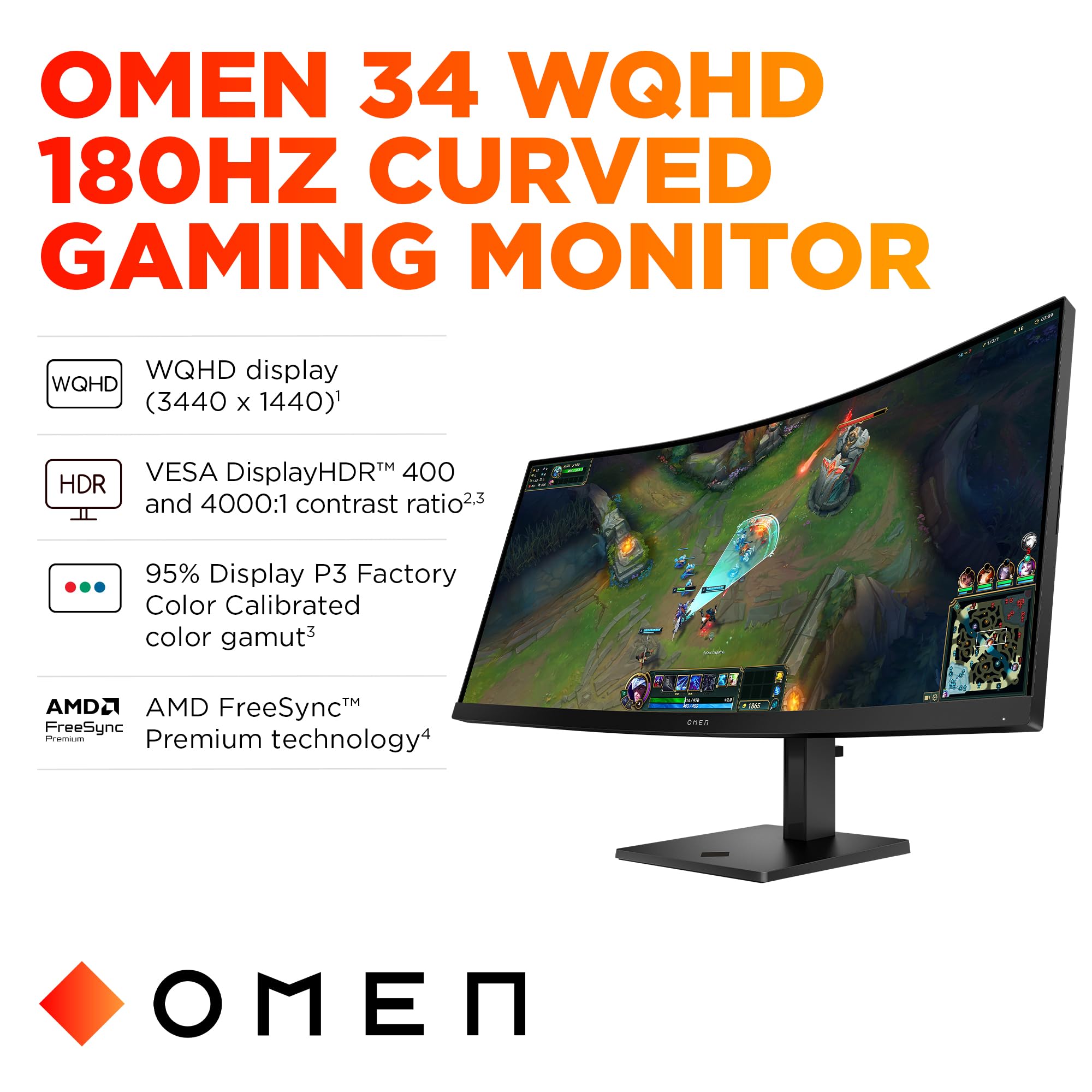 Hp Omen 34 Inch Wqhd 180Hz Curved Gaming Monitor, Wide Qhd Display (3440 X 1440), Va Panel, Vesa Displayhdr 400, 1Ms Mprt (With