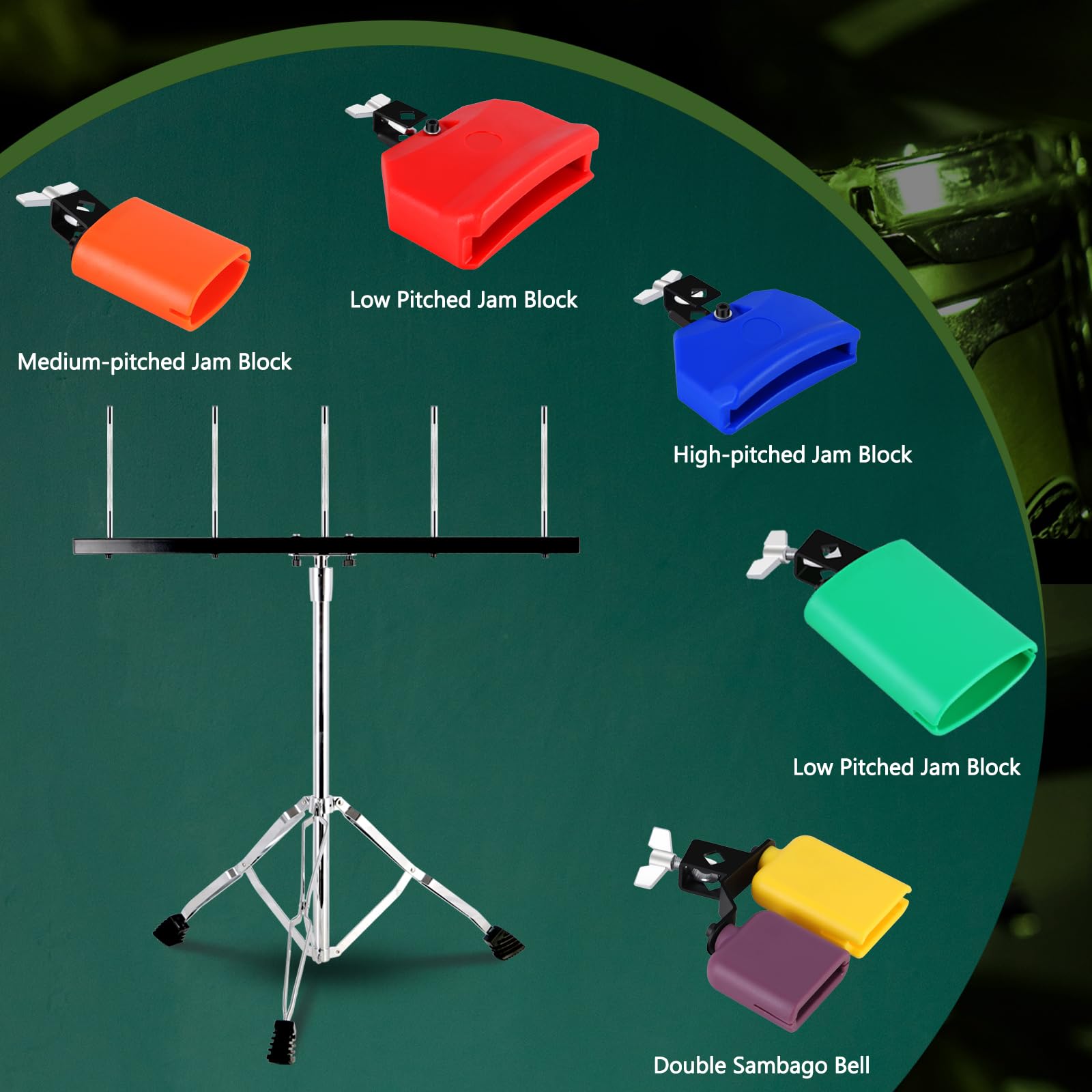 Ranming Jam Block Set Jam Block Percussion Stand Triangular Double Brace Design Plastic Cowbell Stand, With Plastic Jam Blcok Se