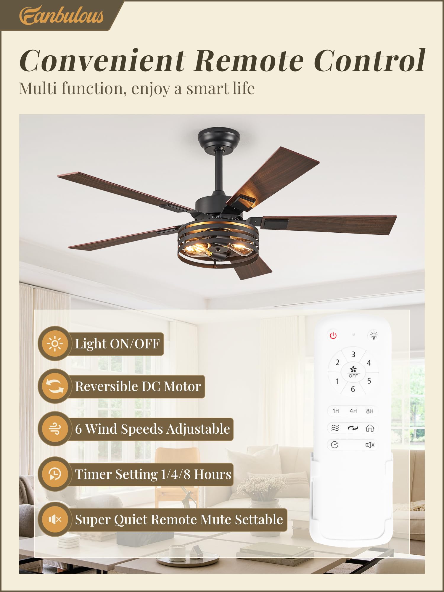 Fanbulous Farmhouse Caged Ceiling Fans With Lights And Remote, 48 Inch Black Bedroom Ceiling Fans For Living Room Kitchen,6 Spee